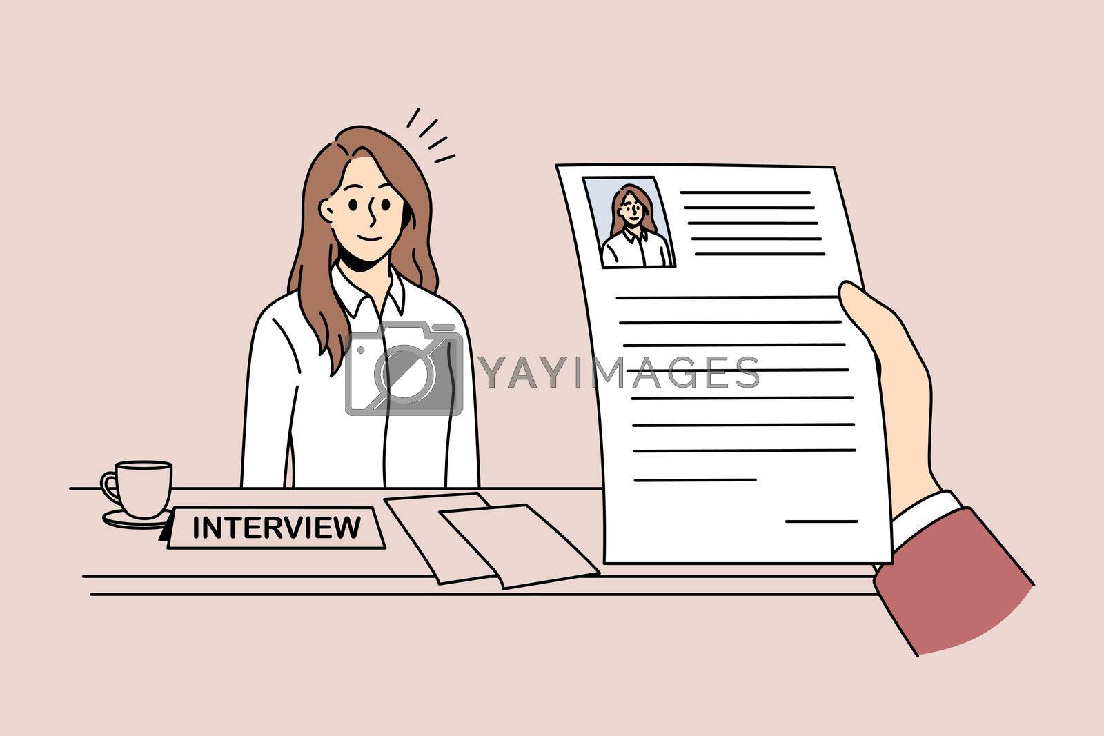 Head hunting and Human resources concept. Young woman job seeker applicant candidate sitting and going through interview with hand of manager with her resume vector illustration