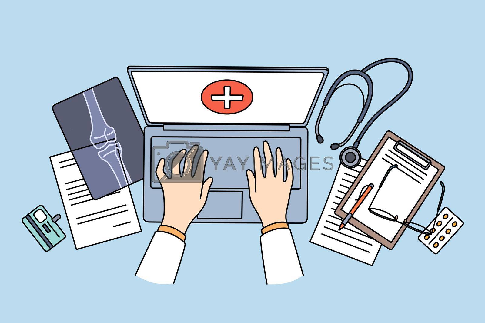 Online healthcare and telemedicine concept. Top view and flat-lay of doctors hands whiting online during virtual meeting consultation with patient vector illustration