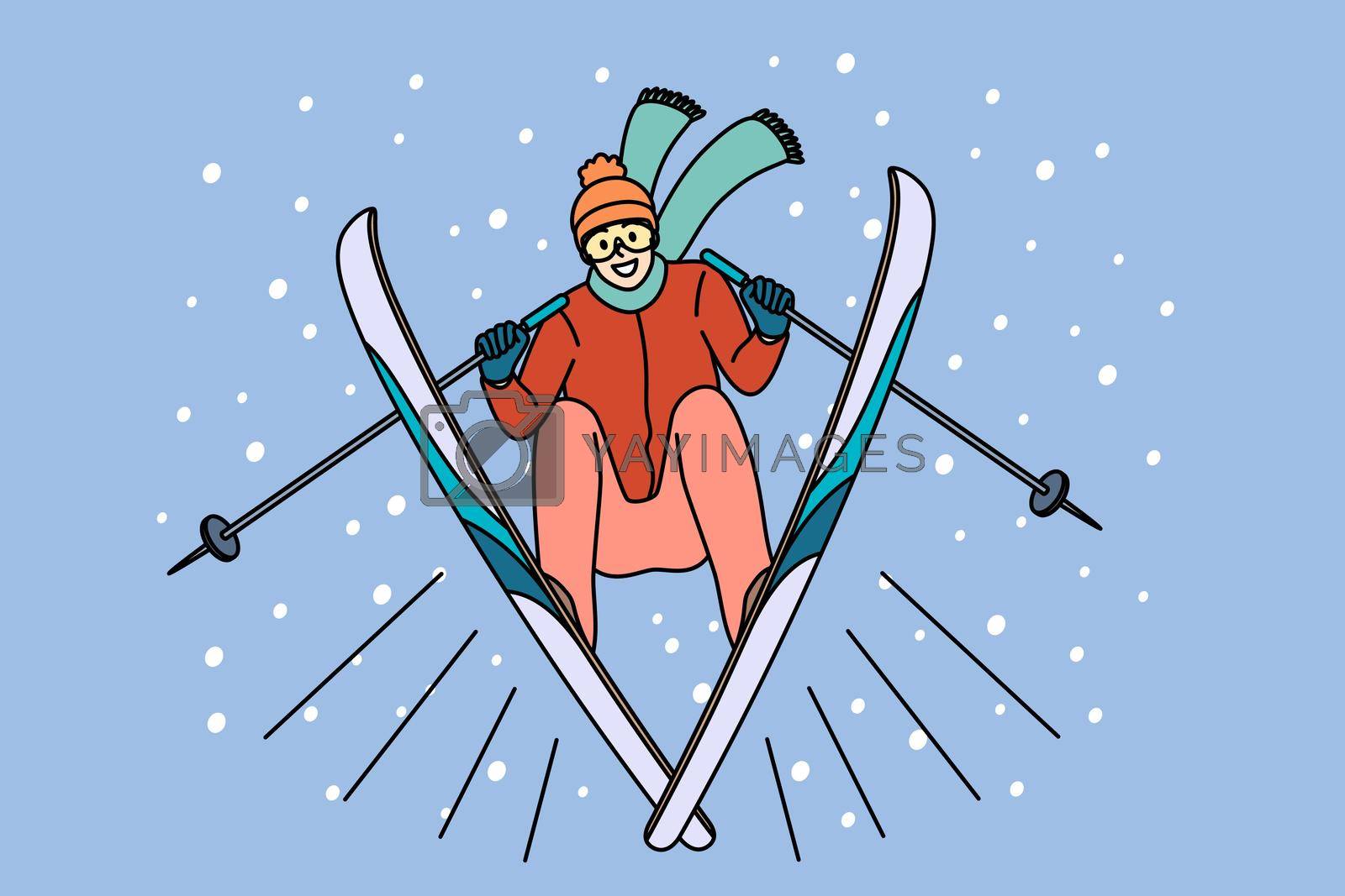 Winter activities and sport concept. Young smiling man athlete skier in sports clothes going to ride slopes on ski in winter having fun vector illustration