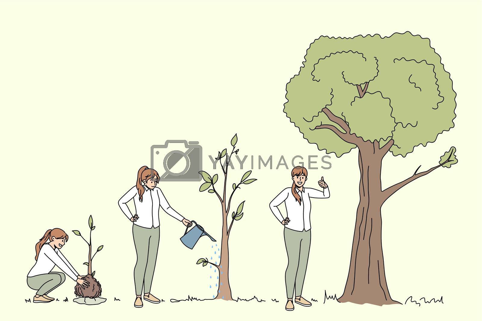 Ecological conversation and ecosystem concept. Young positive women planting watering and growing trees showing thumbs up sign vector illustration