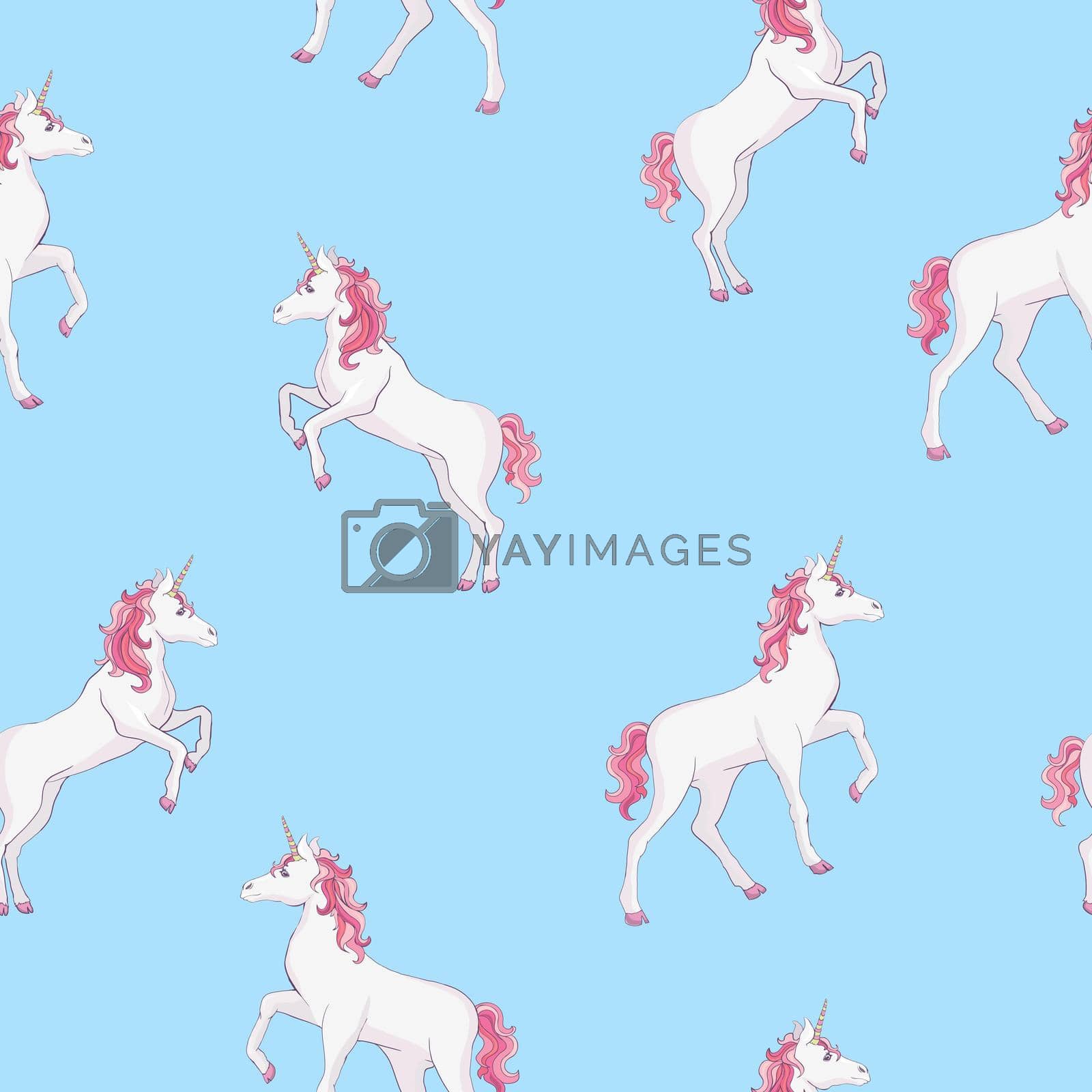 Royalty free image of Unicorn seamless pattern. Unicorns with rainbow mane and horn on flat purple background with stars. Vector illustration. Cute magic fantasy wallpaper with white unicorn head. by Vladimir90