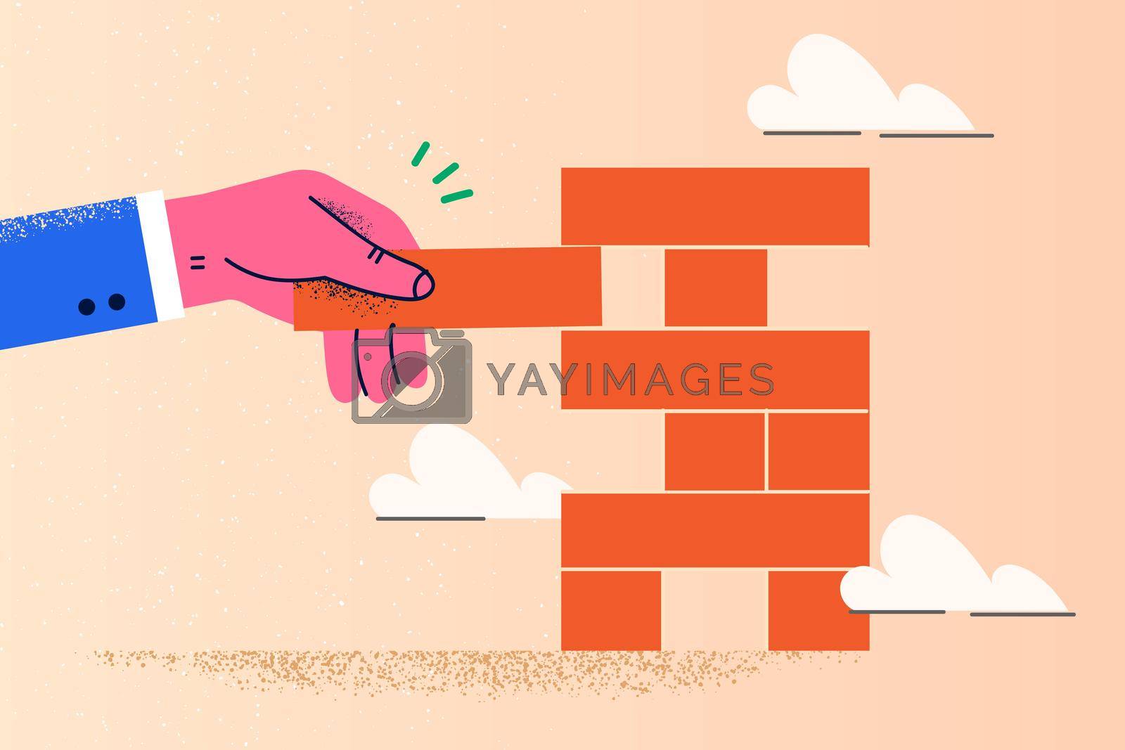 Businessman play jenga game. Male employee or worker involved in risky company business project or deal. Career risk and management. Flat vector illustration, cartoon character.