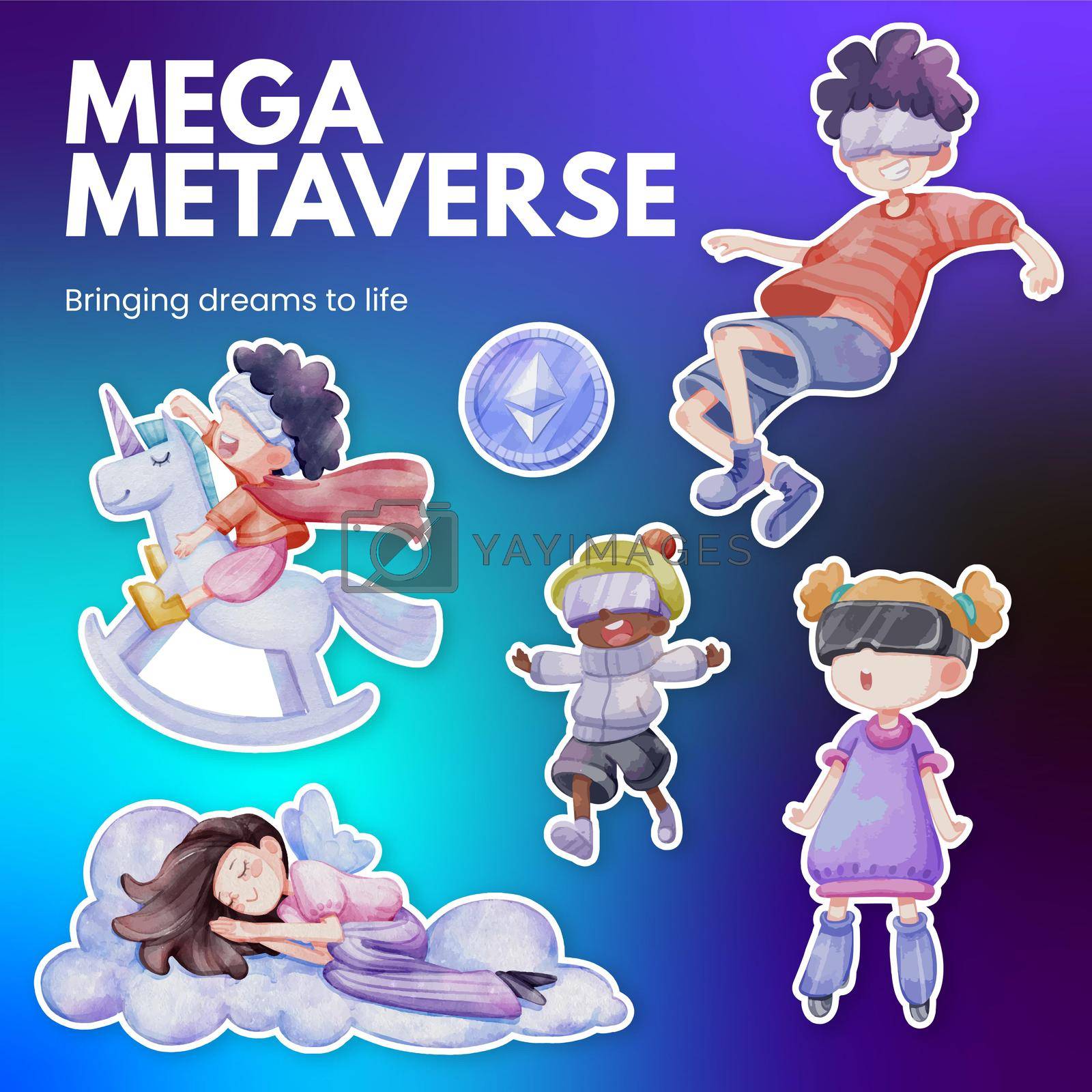 Sticker template with metaverse technology concept,watercolor style 

