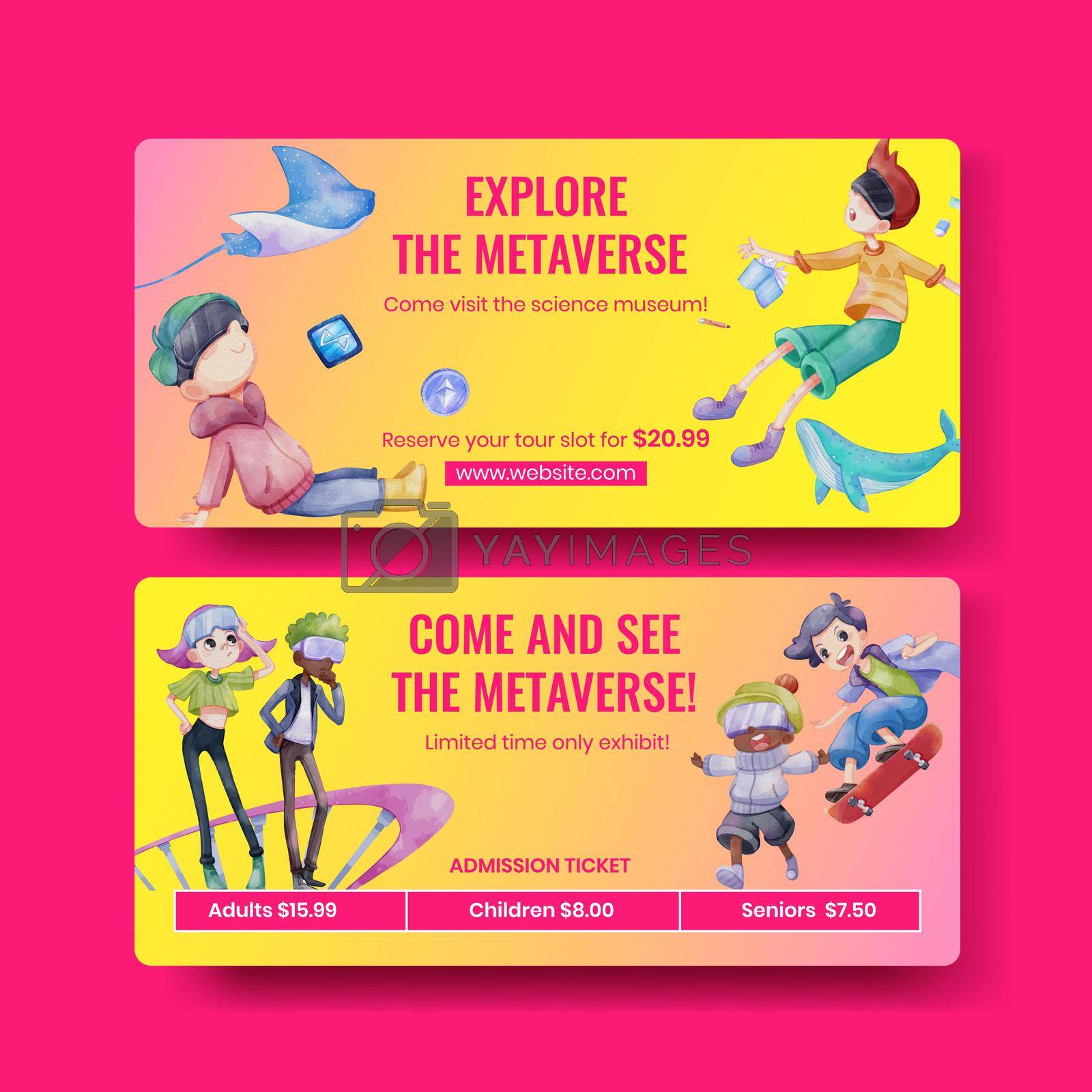 Ticket template with metaverse technology concept,watercolor style 
