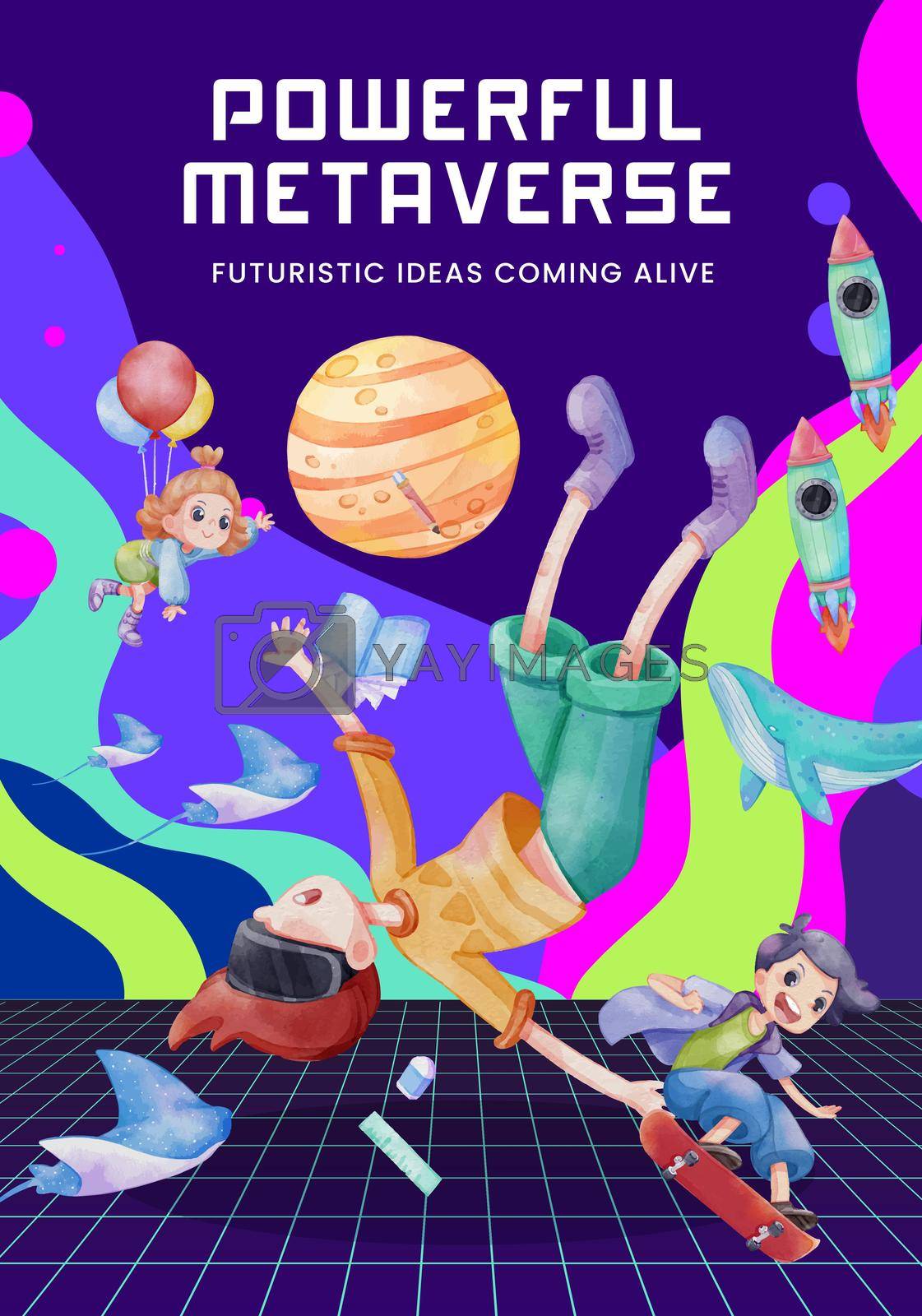 Poster template with metaverse technology concept,watercolor style 
