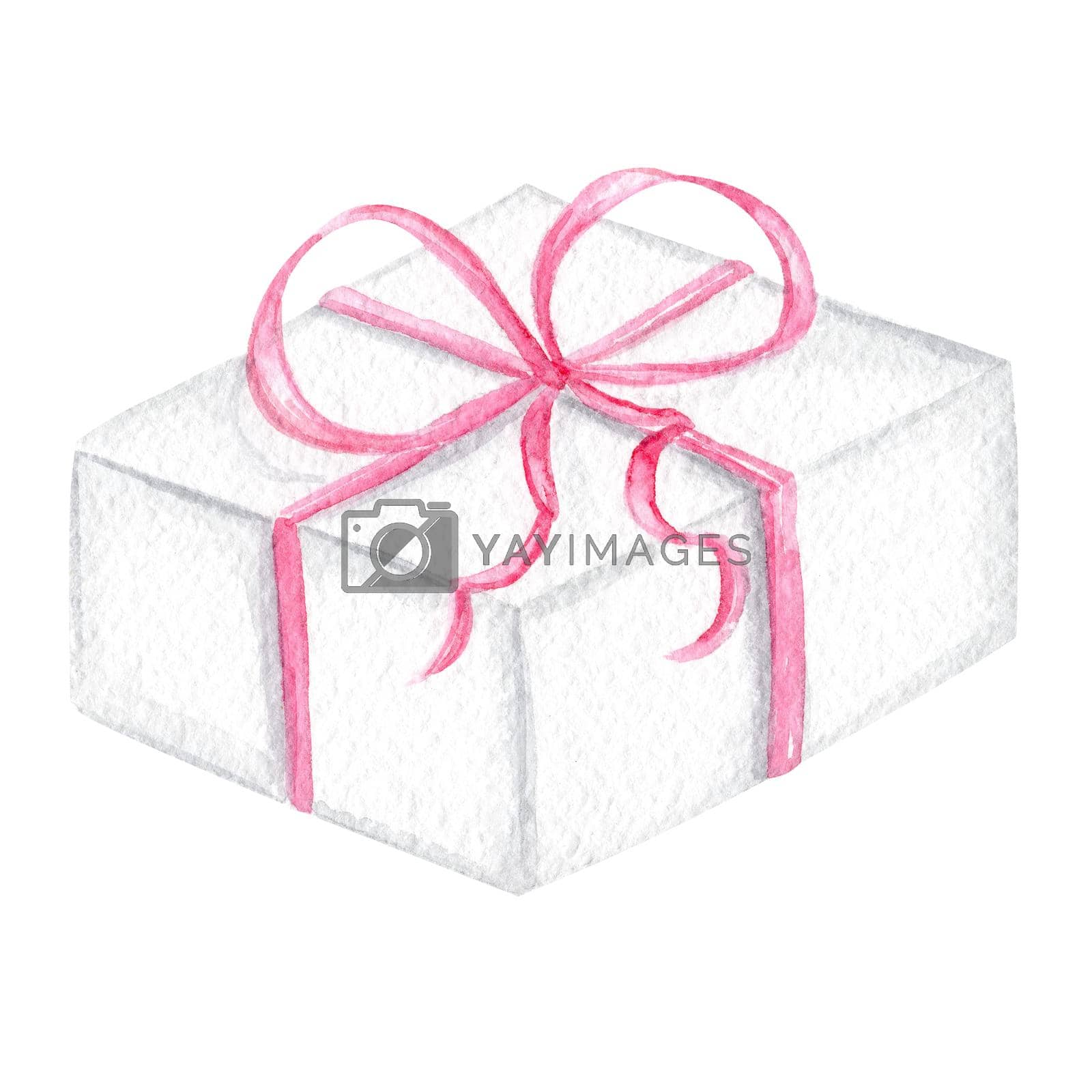 Royalty free image of watercolor white gift box with pink ribbon and bow isolated on white background for birthday party invitations and cards by dreamloud