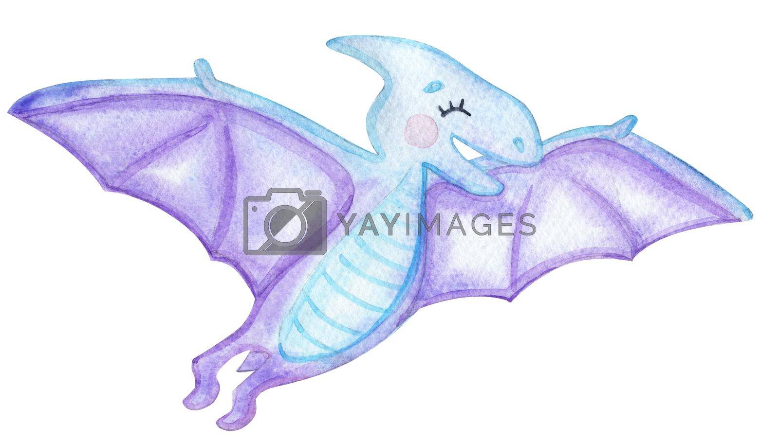 Royalty free image of watercolor blue baby pterodactyl isolated on white background. Cute dinosaur for baby nursery decoration, clothing, print by dreamloud