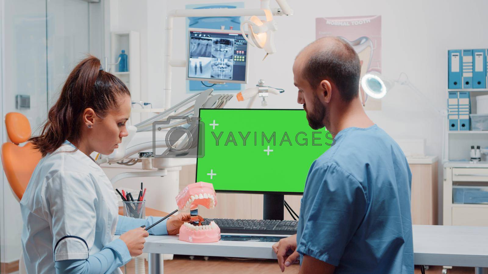 Nurse and dentist examining teeth layout using green screen on computer. Dentistry specialists looking at chroma key and isolated background on monitor for oral and dentition care