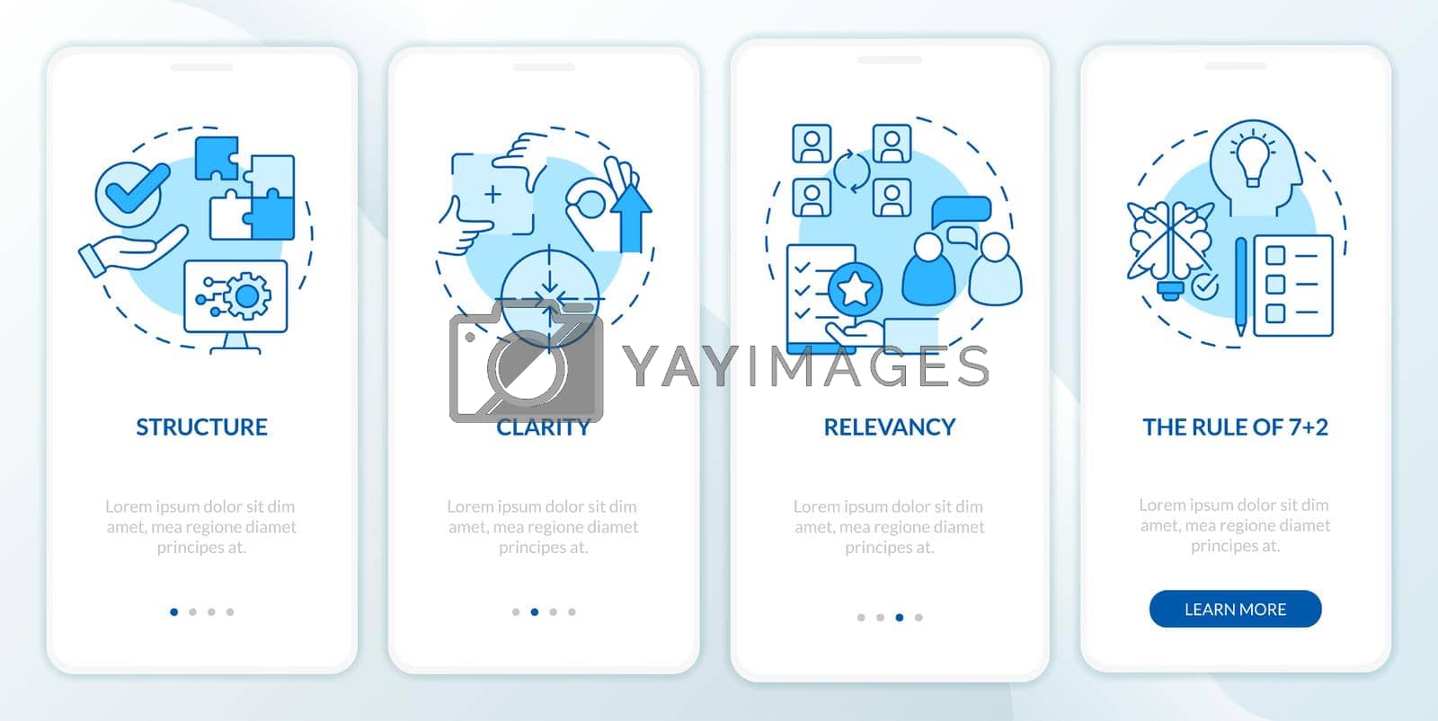 Business communication necessities blue onboarding mobile app screen. Walkthrough 4 steps graphic instructions pages with linear concepts. UI, UX, GUI template. Myriad Pro-Bold, Regular fonts used