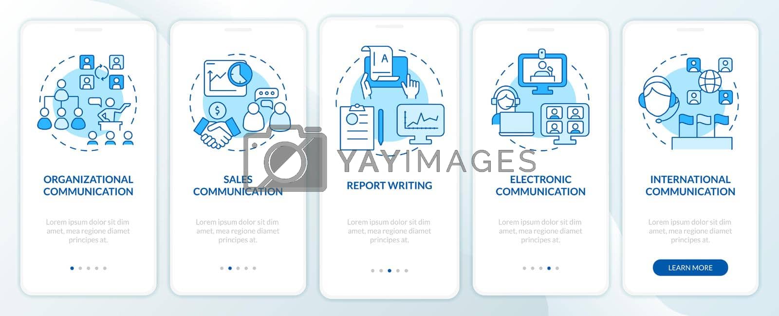 Professional communication forms blue onboarding mobile app screen. Walkthrough 5 steps graphic instructions pages with linear concepts. UI, UX, GUI template. Myriad Pro-Bold, Regular fonts used