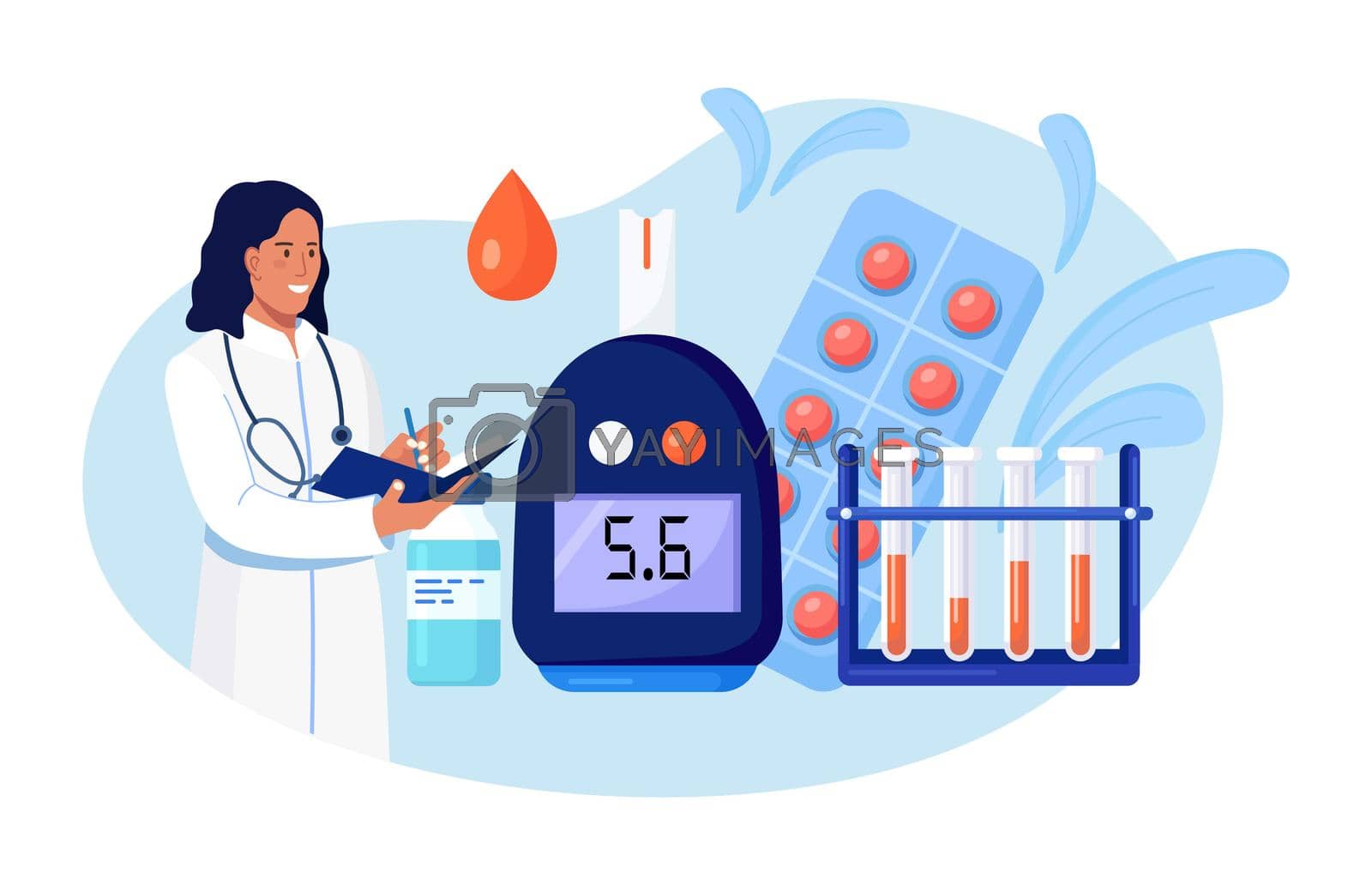 Royalty free image of Doctors testing blood for sugar and glucose, using glucometer for hypoglycemia or diabetes diagnosis. Laboratory test equipment, pills and test tubes by TanushkaBu