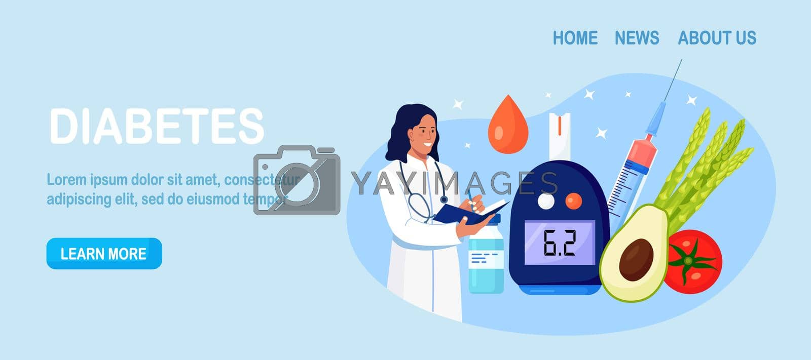 Royalty free image of Doctor testing blood for sugar and glucose, using  glucometer for hypoglycemia or diabetes diagnosis. Physician with laboratory test equipment, syringe and vial, insulin by TanushkaBu