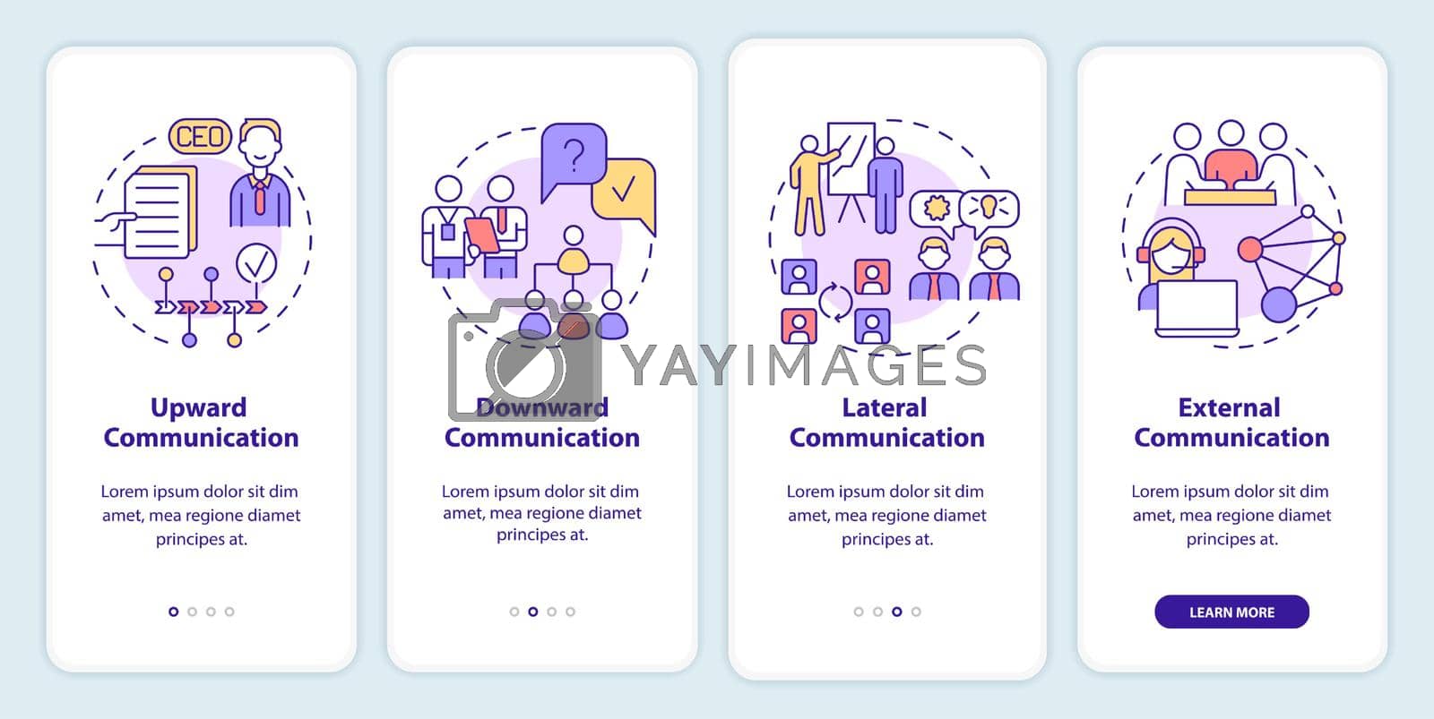 Business communication types onboarding mobile app screen. Team meeting walkthrough 4 steps graphic instructions pages with linear concepts. UI, UX, GUI template. Myriad Pro-Bold, Regular fonts used