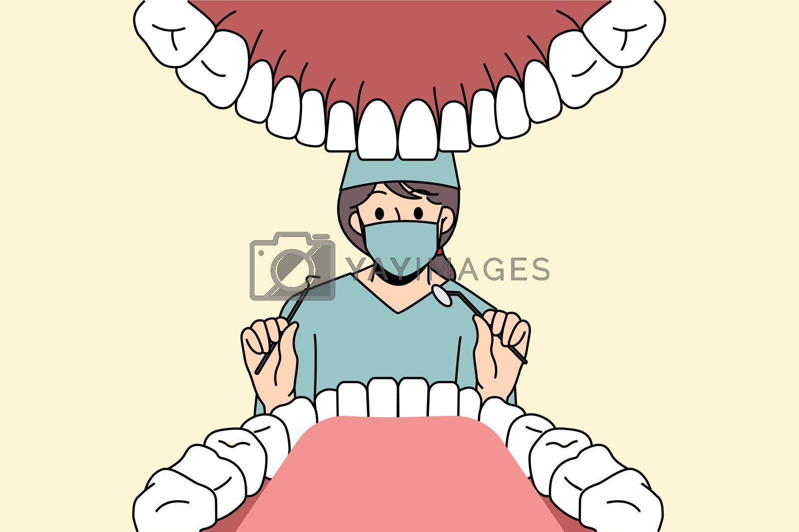 Dentist working in stomatology concept. Young woman doctor dentist in uniform and mask ready to cure clients teeth in open mouth in clinic vector illustration