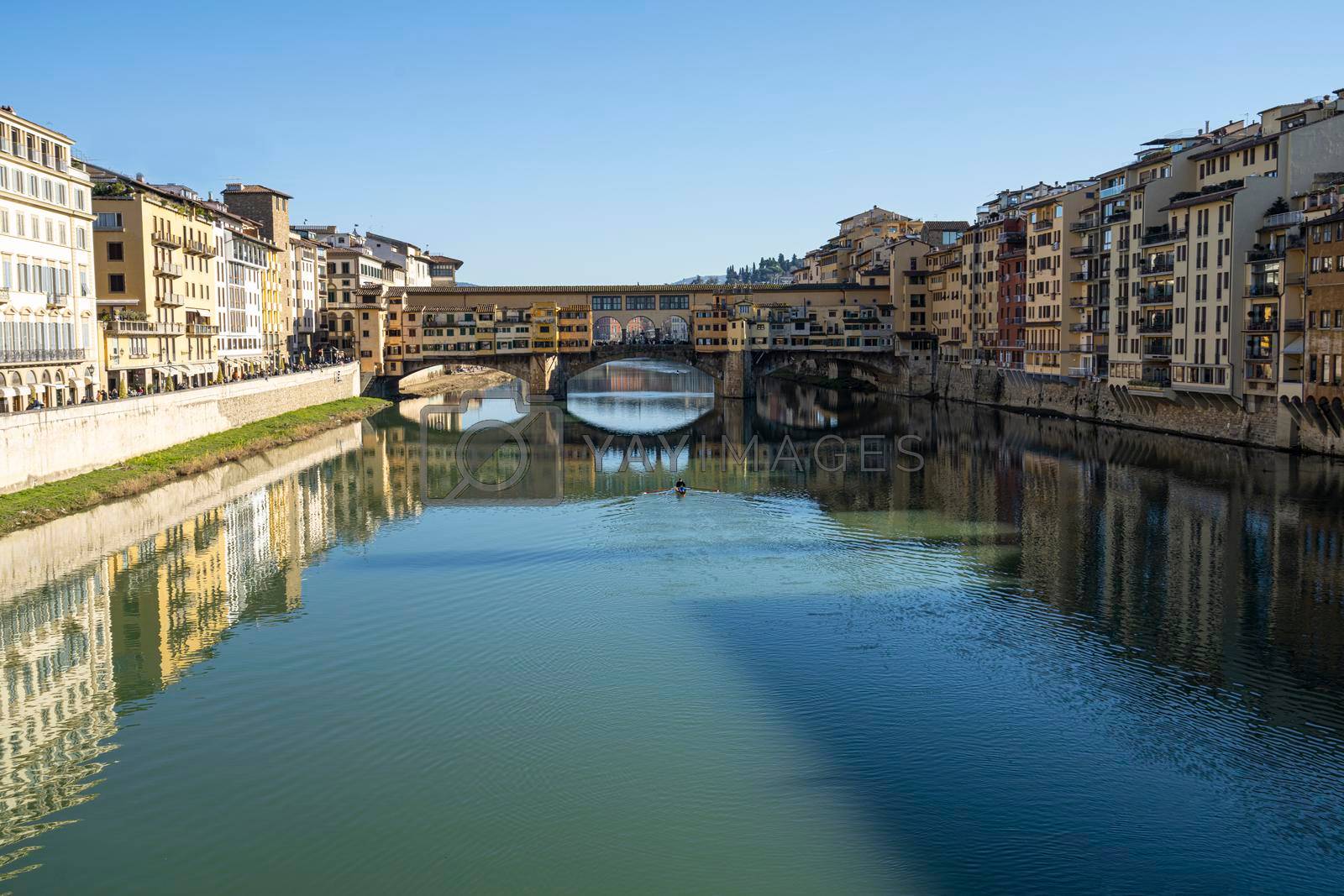 Florence Italy. January 2022. panoramic view of the Ponte Vecchio over the Arno river in the city center