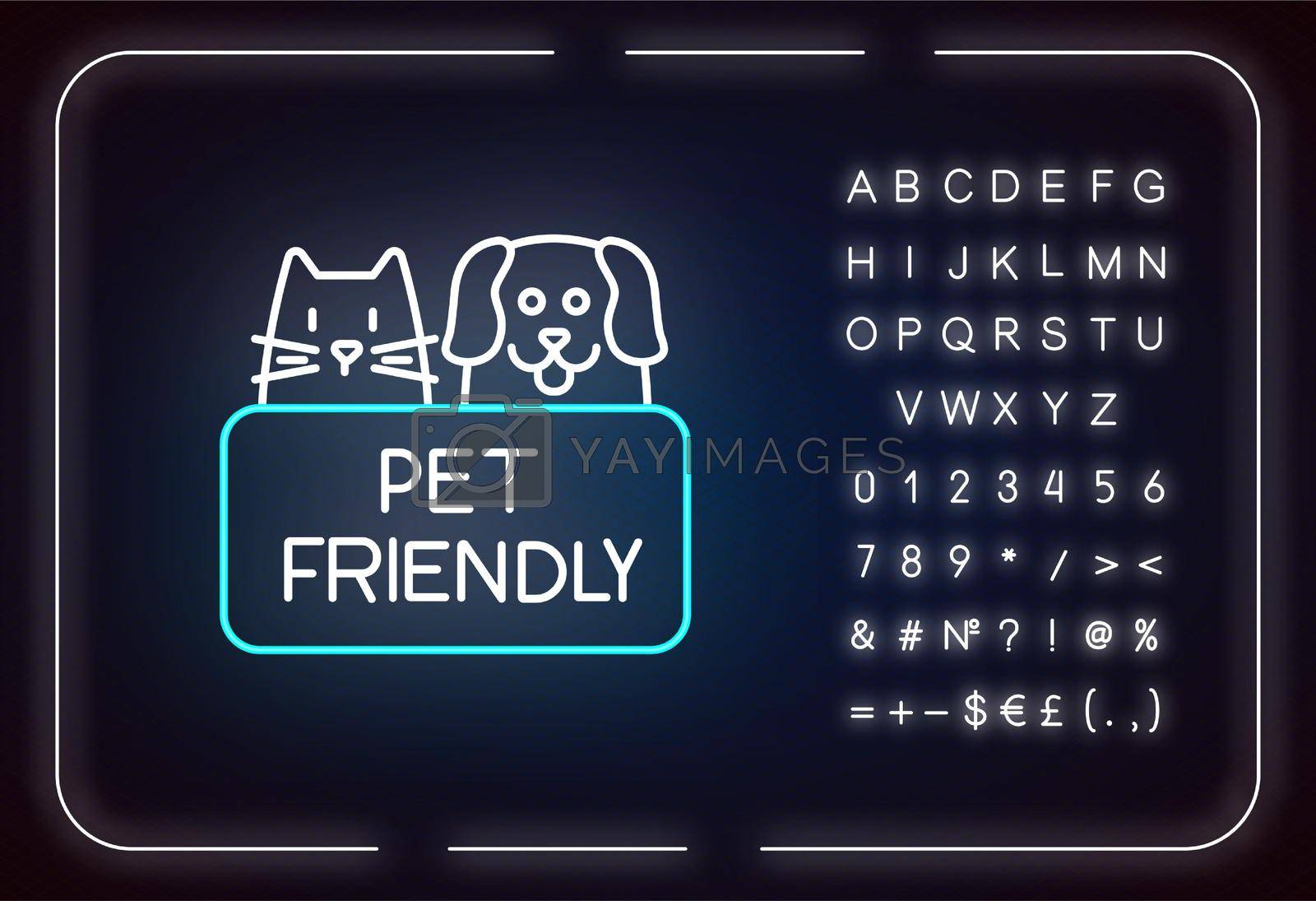 Cat and dog friendly area neon light icon. Puppy and kitten permitted zone, pets welcome. Outer glowing effect. Sign with alphabet, numbers and symbols. Vector isolated RGB color illustration