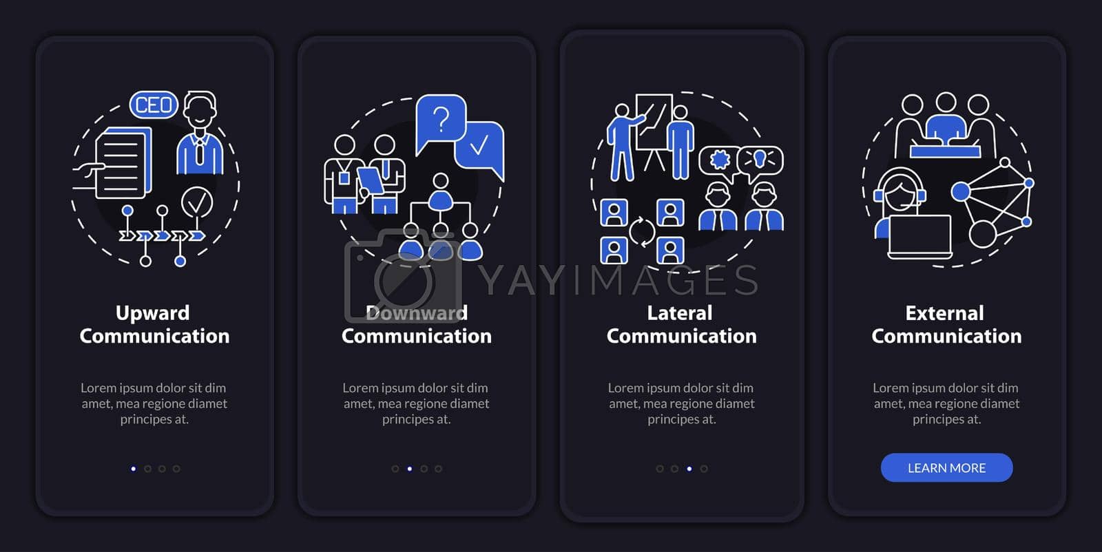 Professional communication types night mode onboarding mobile app screen. Walkthrough 4 steps graphic instructions pages with linear concepts. UI, UX, GUI template. Myriad Pro-Bold, Regular fonts used
