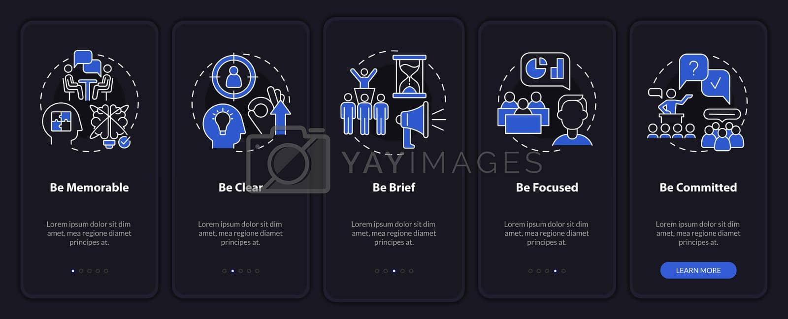 Business communication etiquette night mode onboarding mobile app screen. Walkthrough 5 steps graphic instructions pages with linear concepts. UI, UX, GUI template. Myriad Pro-Bold, Regular fonts used