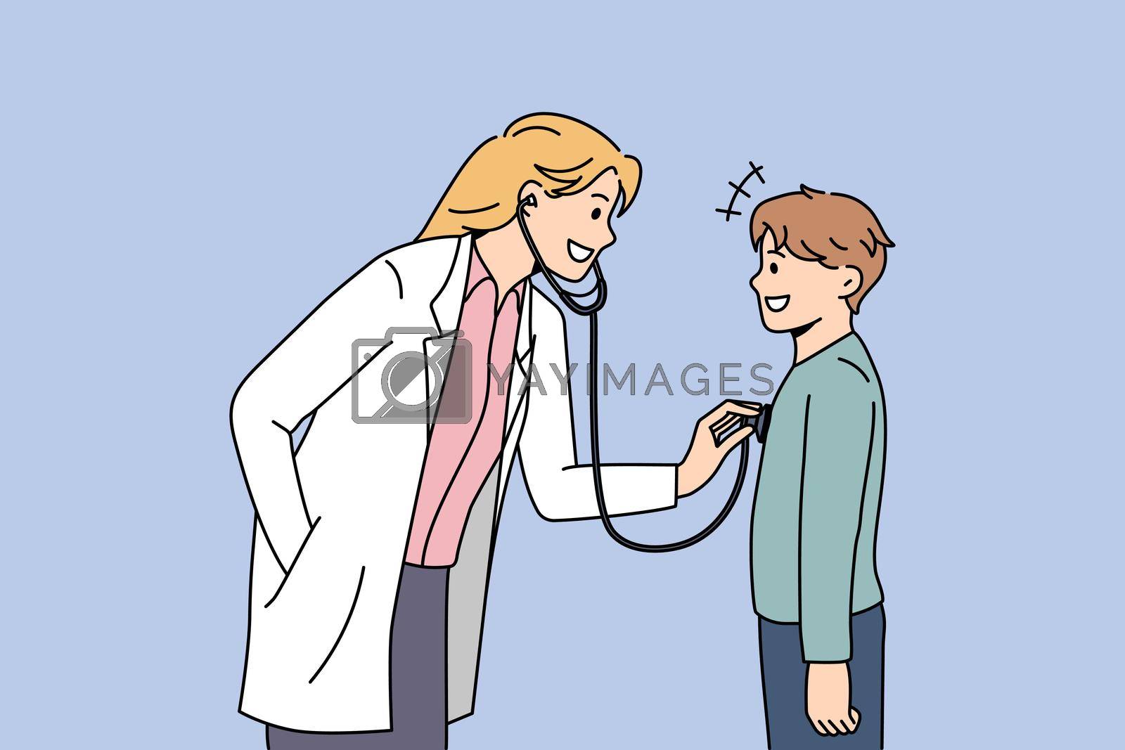 Pediatrician working in healthcare concept. Young smiling woman pediatrician standing and examining little boy patient with stethoscope vector illustration