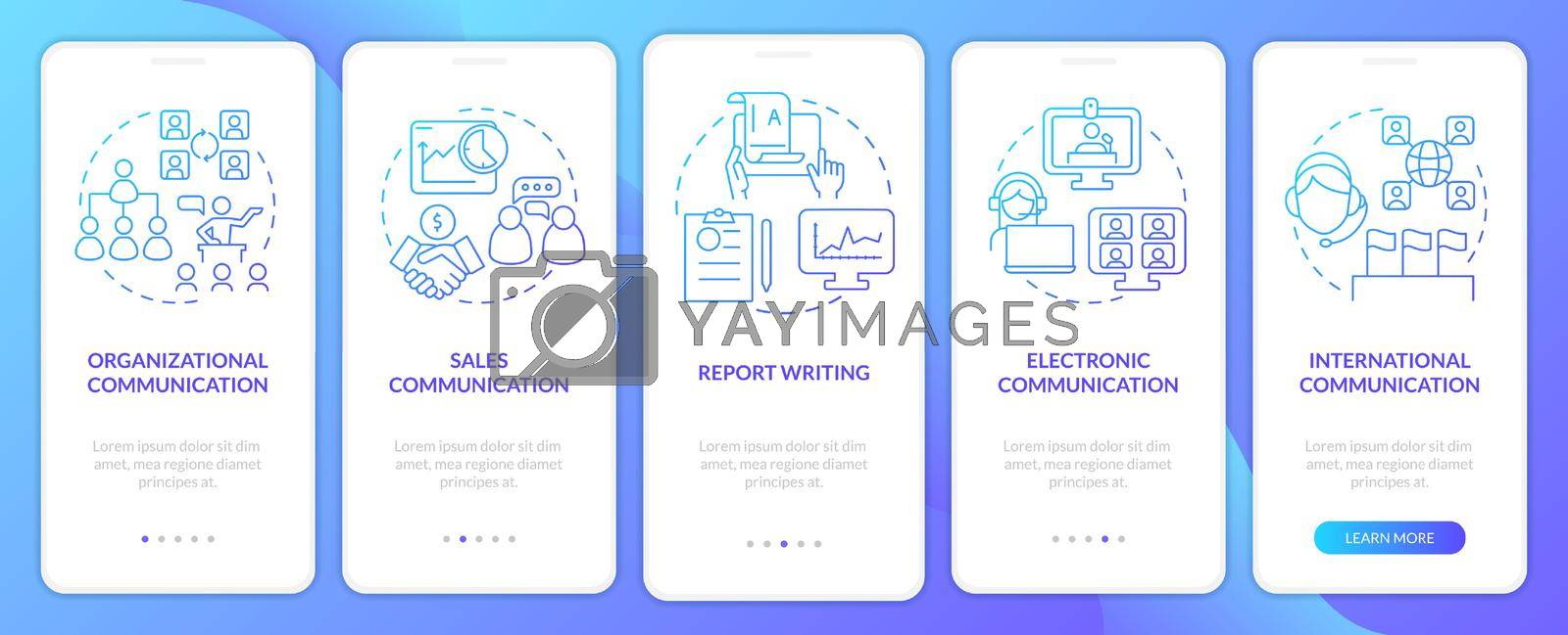 Corporate communication forms blue gradient onboarding mobile app screen. Walkthrough 5 steps graphic instructions pages with linear concepts. UI, UX, GUI template. Myriad Pro-Bold, Regular fonts used
