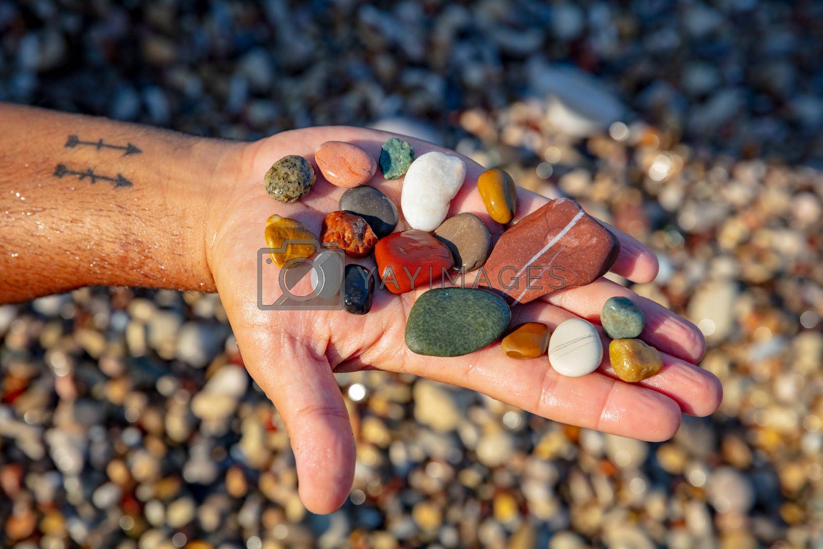 Conceptual Photo of a Summer Mood. Male Hand with Little Colorful Pebbles on the Palm. Crystals Seashore. Happy Vacation on Beach Resort.