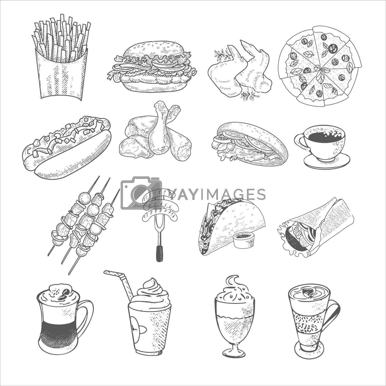 A set of fast food lunch dishes. Classic burger, package of French fries, fried crispy chicken leg, barbecue, grilled sausages, shawarma, hot dog and pizza. Sketch of the engraving food