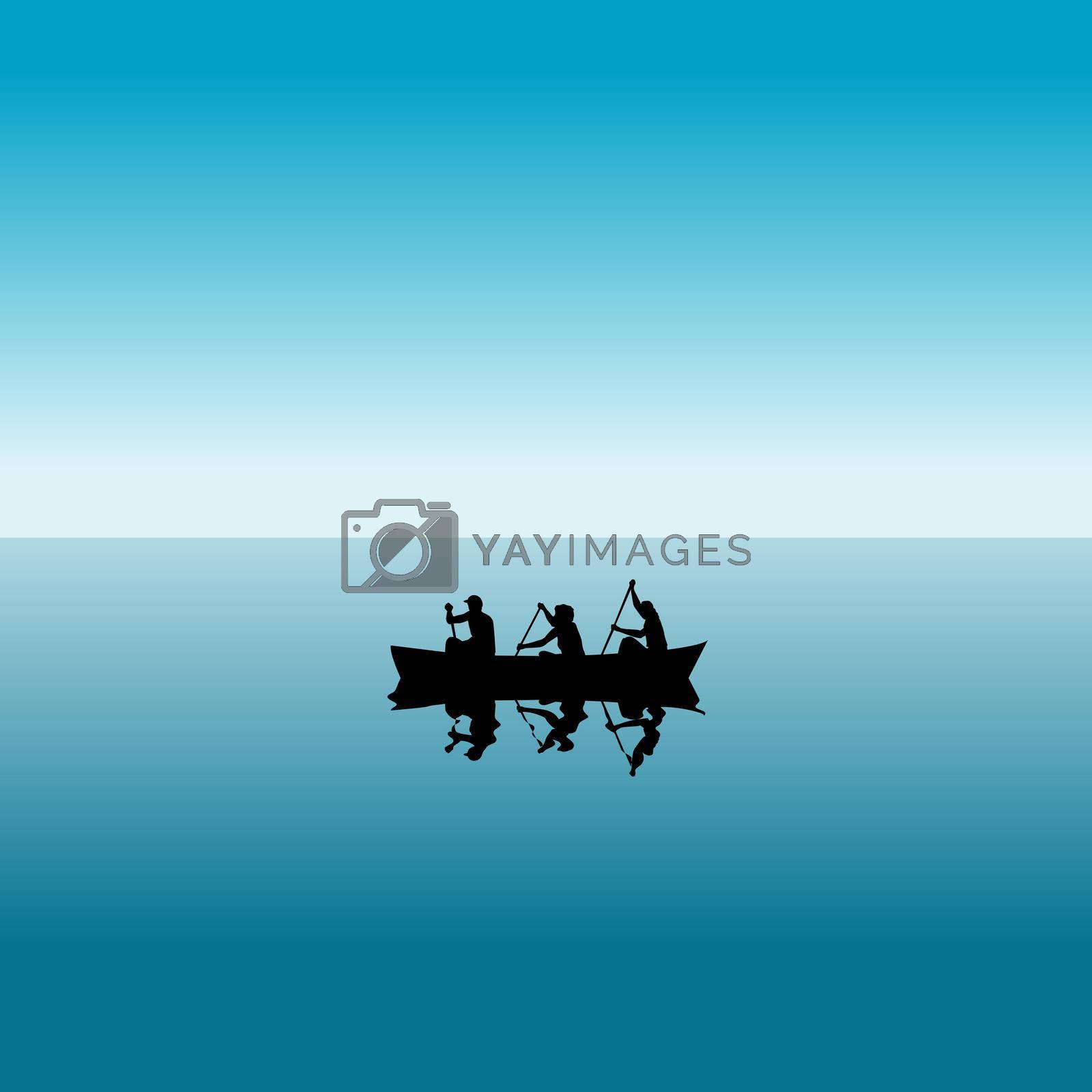 Three people in a boat silhouettes over blue water