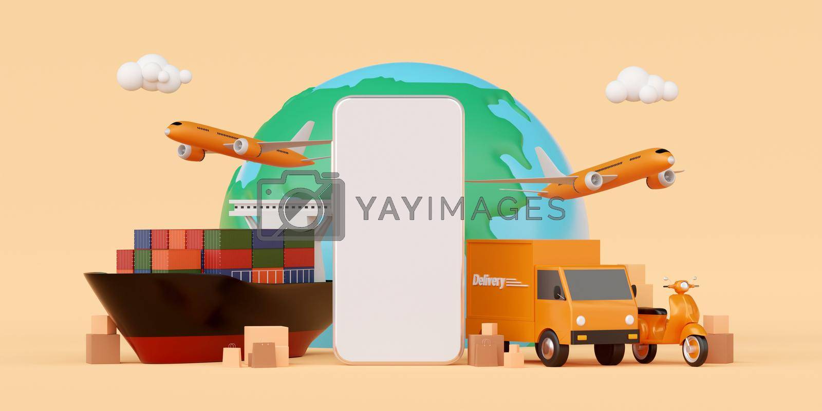 Royalty free image of Global logistics, delivery and cargo transportation via smartphone, 3d illustration by nutzchotwarut