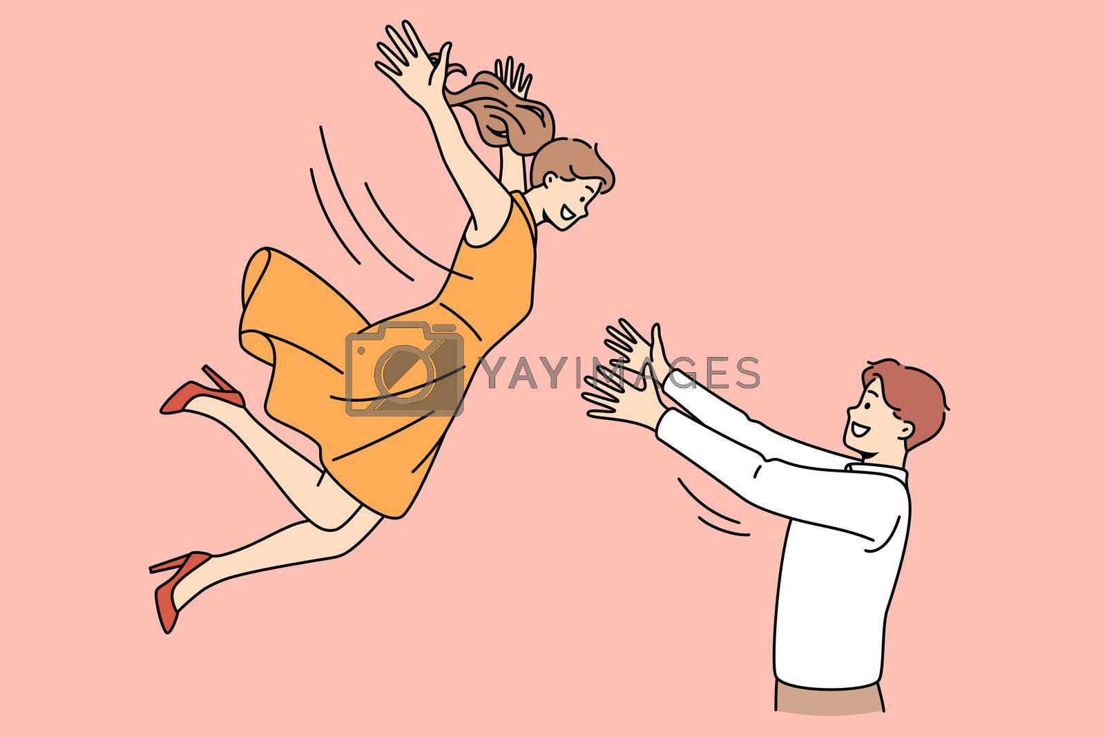 Romance dating and happiness concept. Smiling man boyfriend husband standing and catching falling down to his arms woman girlfriend wife vector illustration