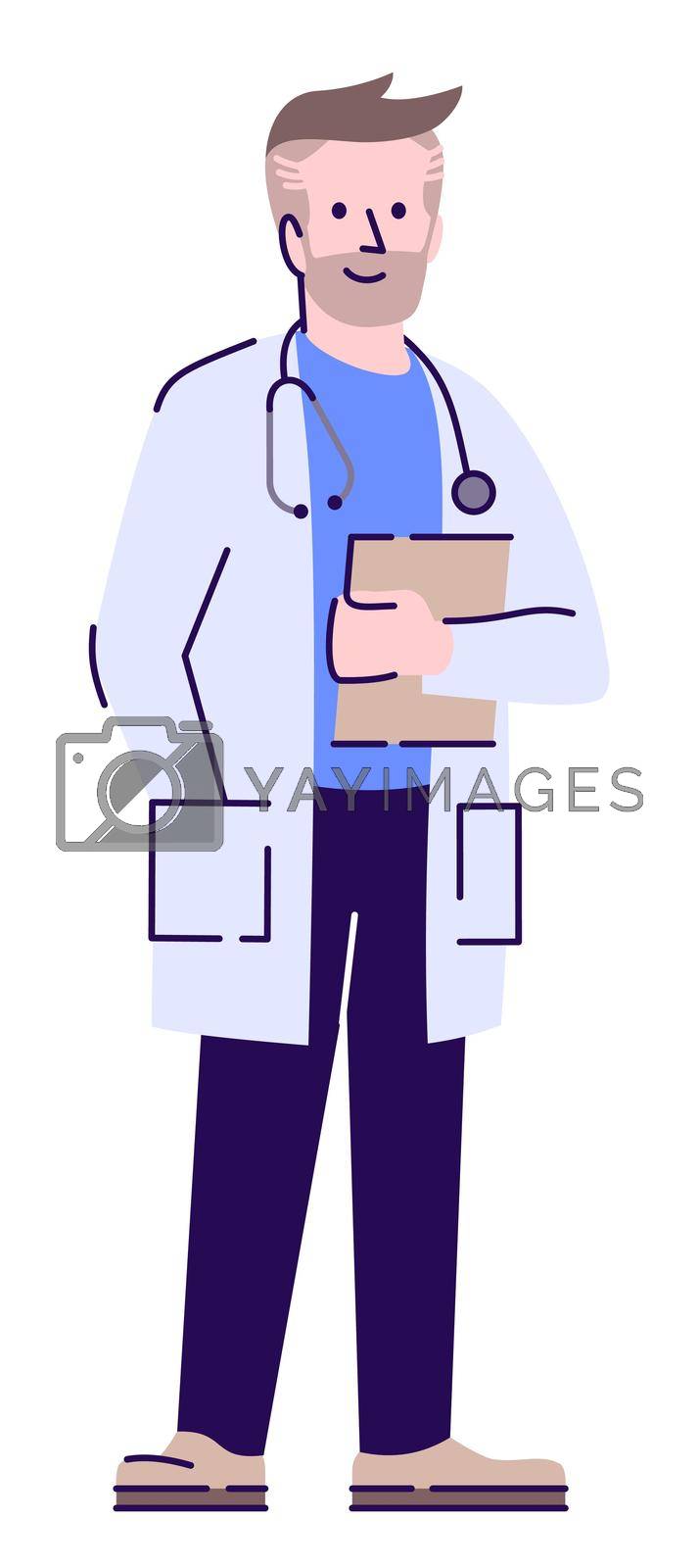 Healthcare worker semi flat RGB color vector illustration. Male doctor wearing white robe isolated cartoon character on white background