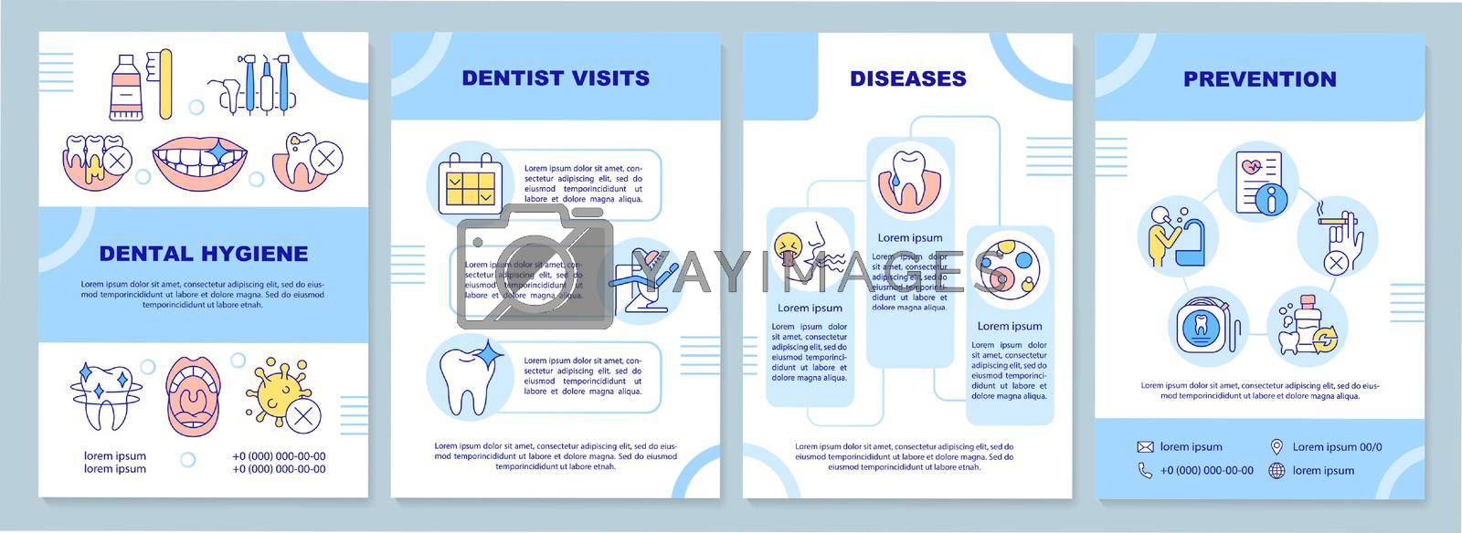 Dental hygiene blue brochure template. Diseases treatment. Leaflet design with linear icons. 4 vector layouts for presentation, annual reports. Arial-Black, Myriad Pro-Regular fonts used