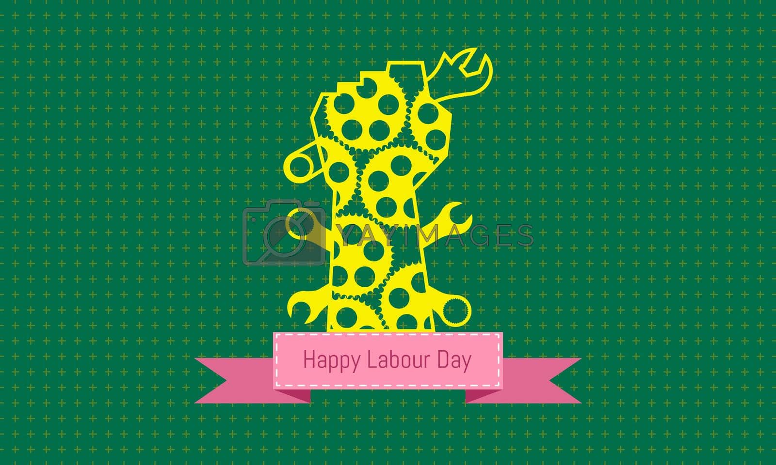Royalty free image of happy labour day 1 may. yellow hand show up a tools. engineering design concept with screwdriver wrench ruler vernier caliper cheater bar.vector illustration  by Kmaunta