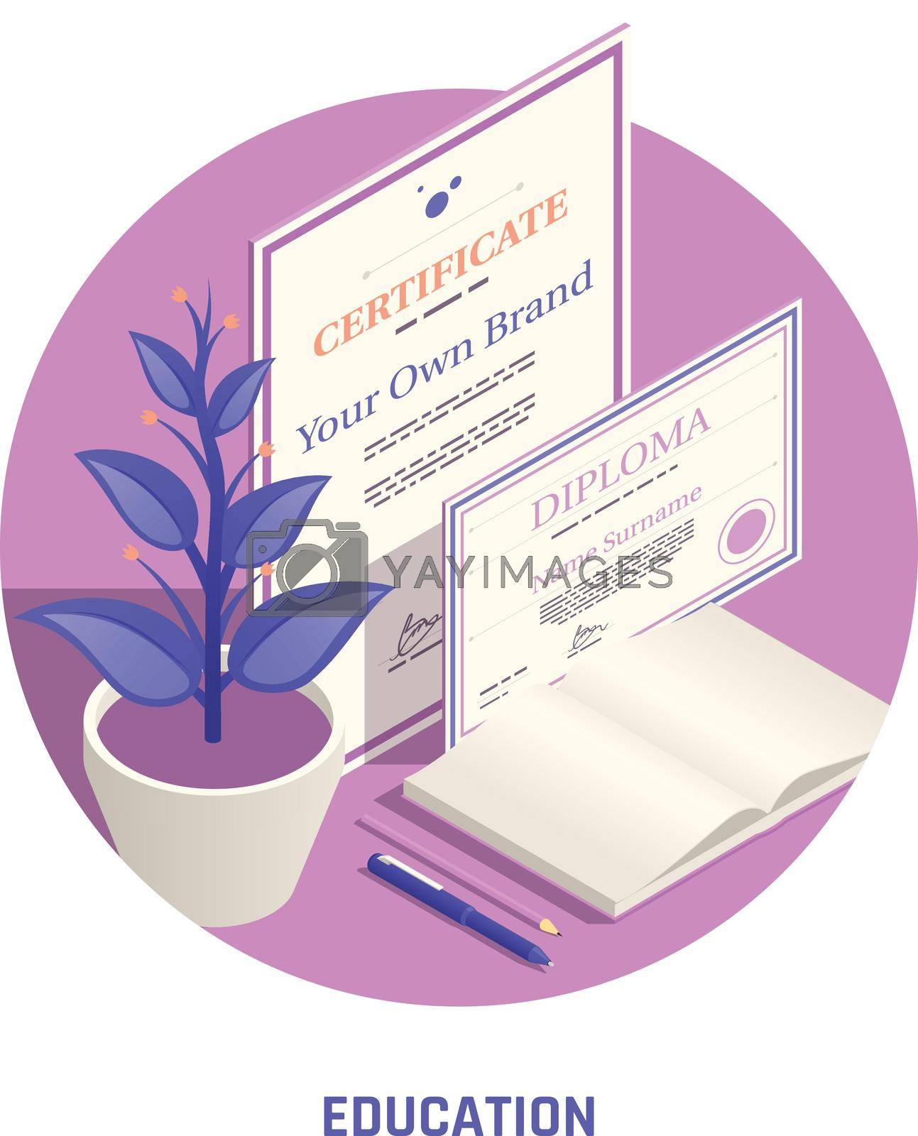 Self promotion personal branding strategies education circular isometric composition with marketing degree official certificate diploma vector illustration