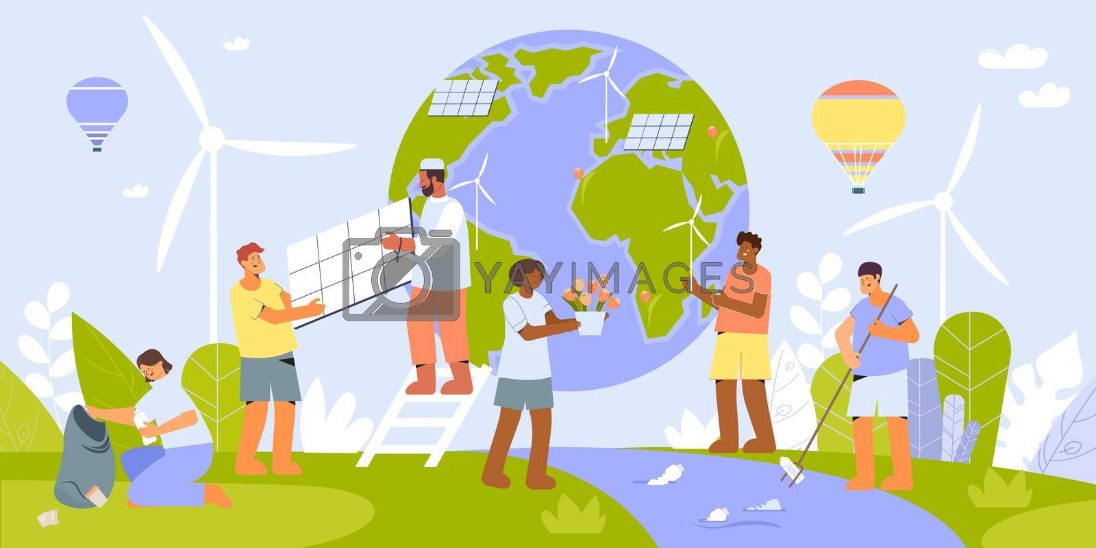 Environmental protection people flat composition with wind turbines and solar batteries held by characters of activists vector illustration