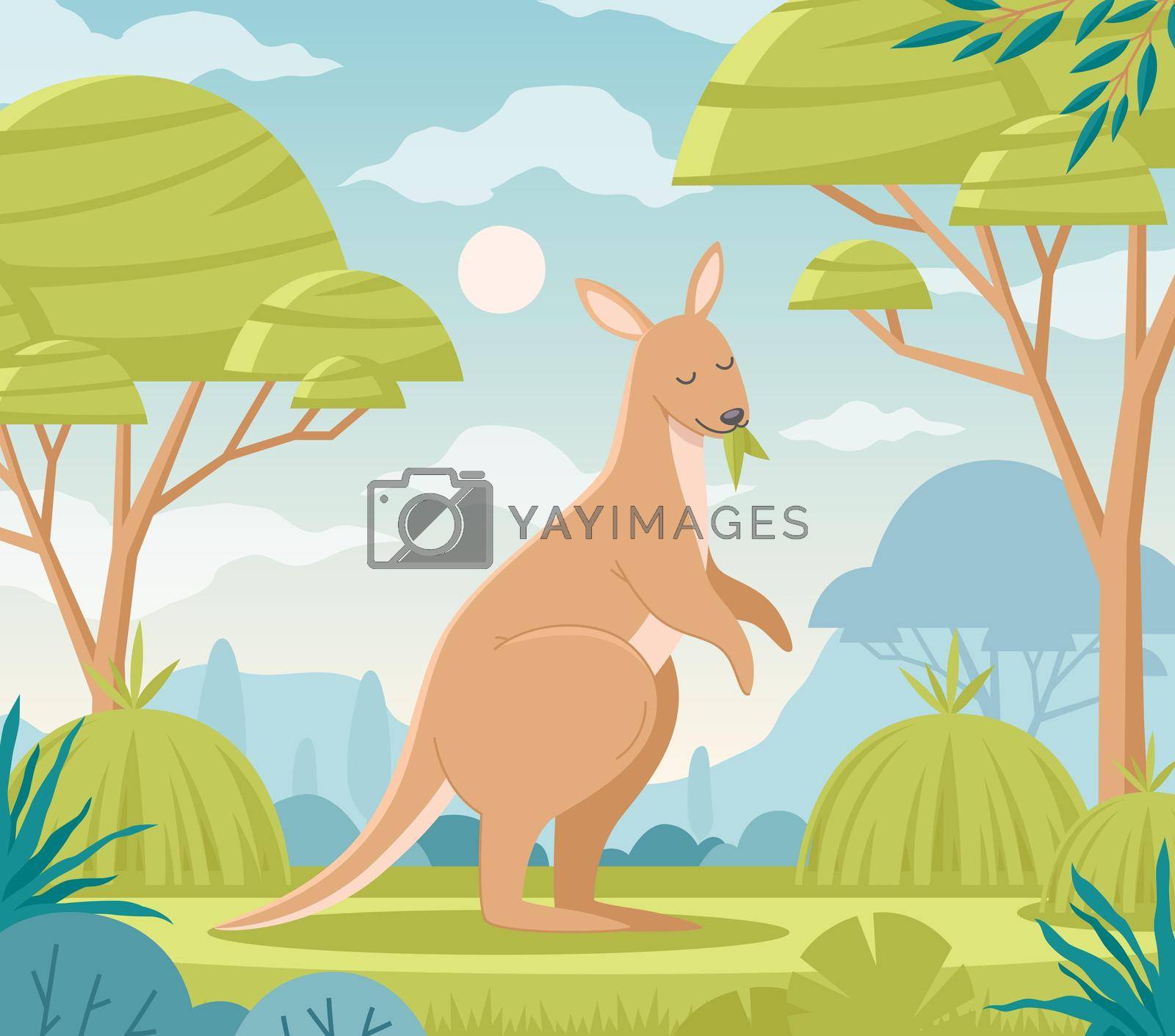 Australian flat composition with cute cartoon kangaroo character at nature landscape background vector illustration