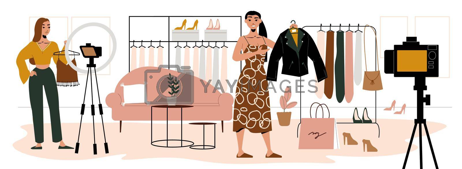 Two women fashion bloggers taking video in studio with fashionable clothing accessories shoes flat vector illustration