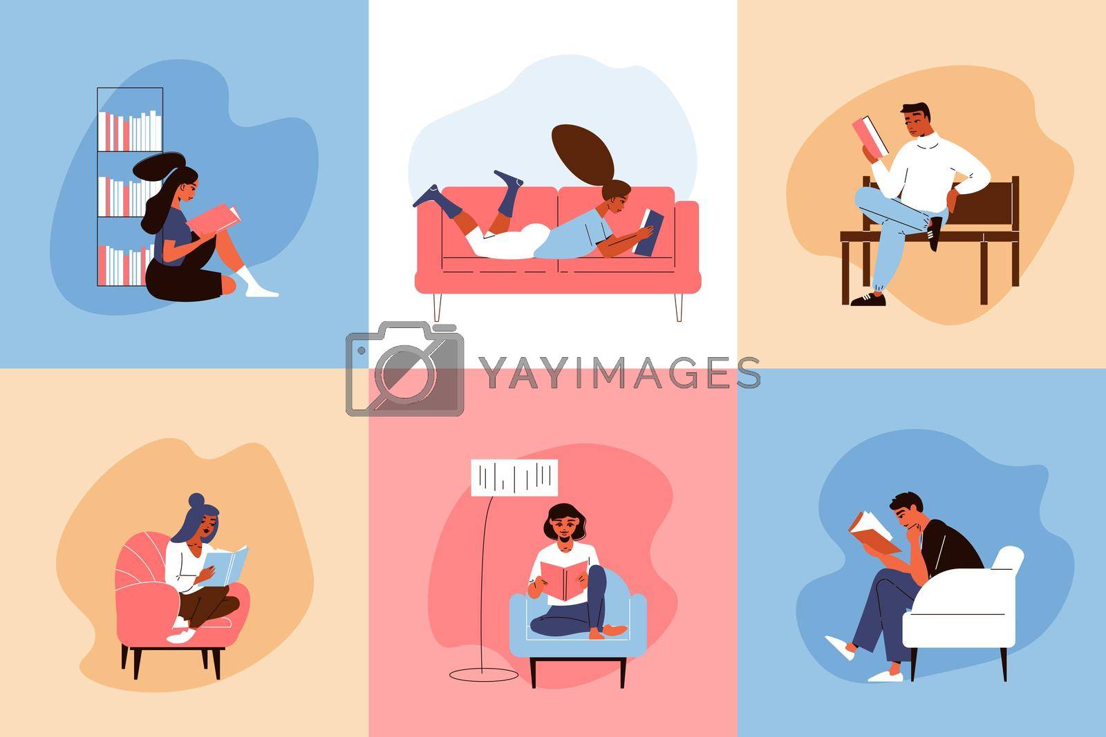 Flat design concept with people reading books sitting in armchair on bench floor lying on sofa isolated vector illustration
