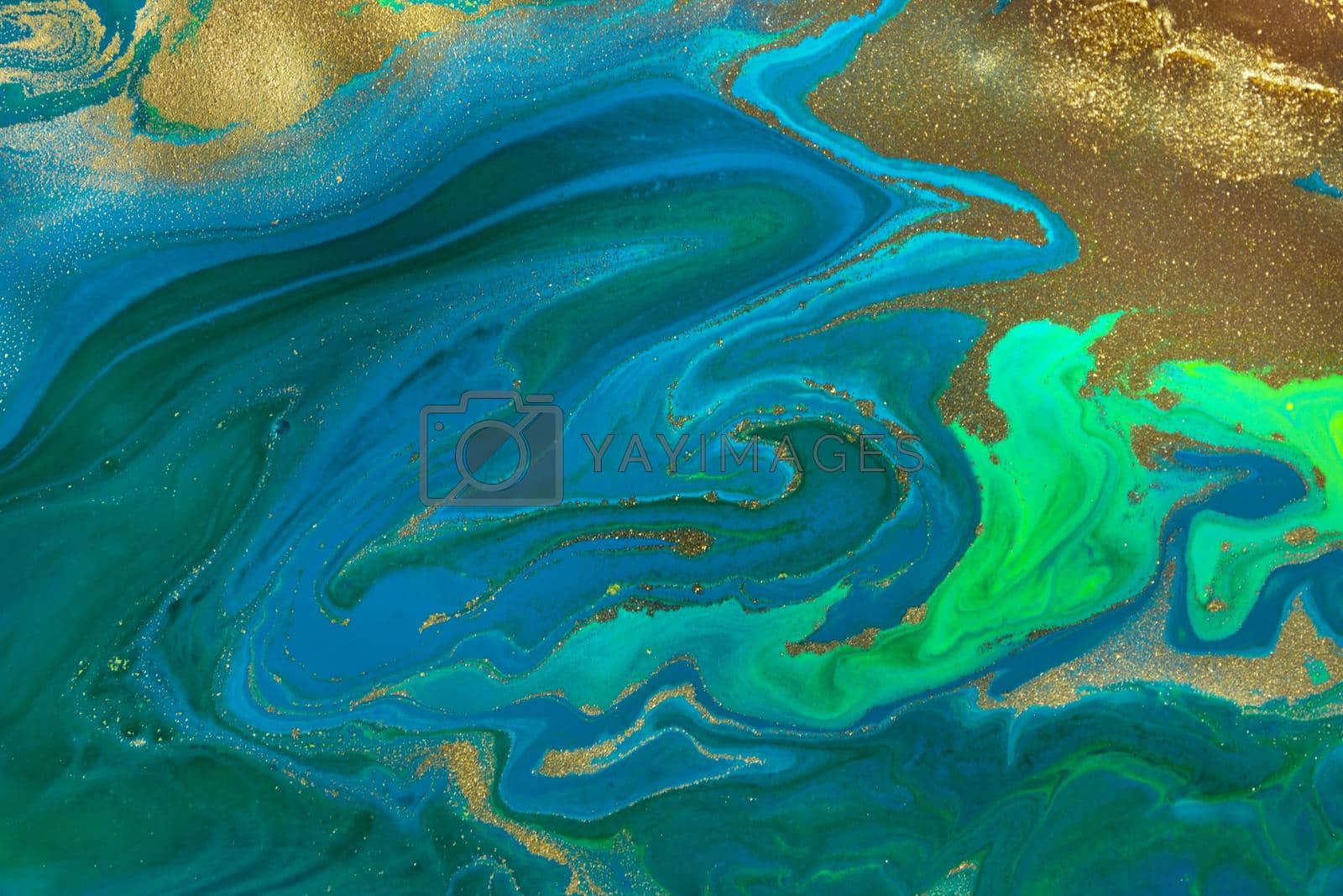 Gold spots on flow blue and green wave paints abstract background.