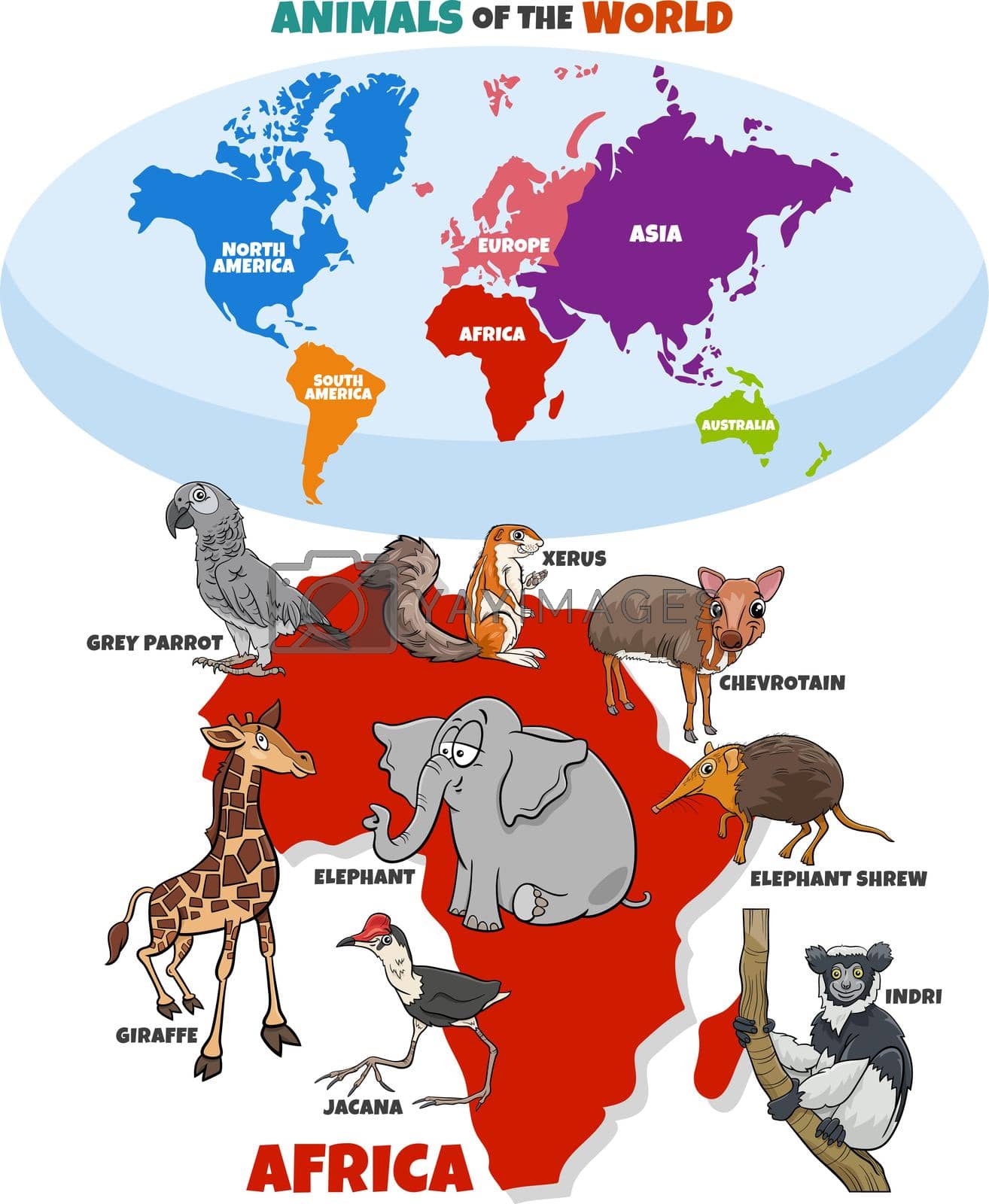 Educational illustration with cartoon African animal species and world map with continents shapes