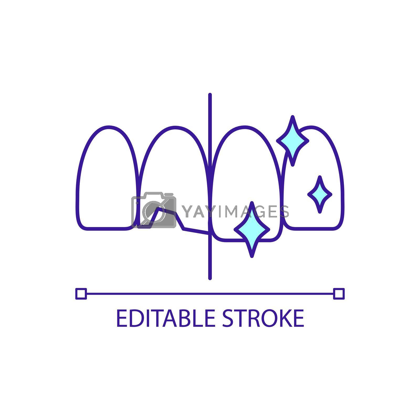 Dental restorations RGB color icon. Improve teeth appearance. Aesthetic dentistry. Cosmetic procedure. Isolated vector illustration. Simple filled line drawing. Editable stroke. Arial font used