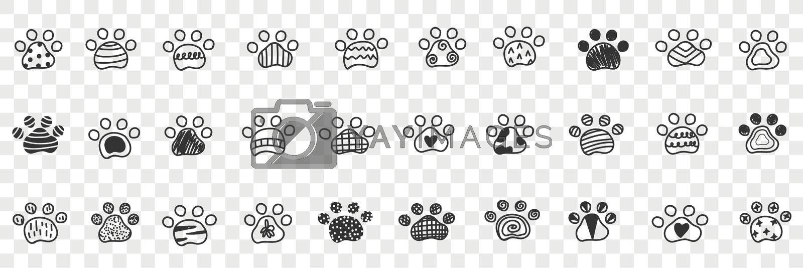 Animals paws footprints doodle set. Collection of hand drawn footprints imprints of animals dogs with various patterns in rows isolated on transparent background