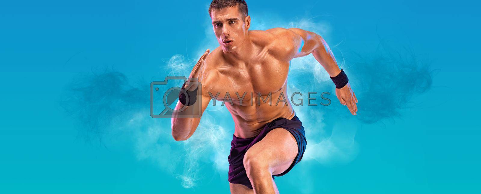 Royalty free image of Runner concept. Athlete sprinter running on blue background. Fitness and sport motivation. Trail run. by MikeOrlov