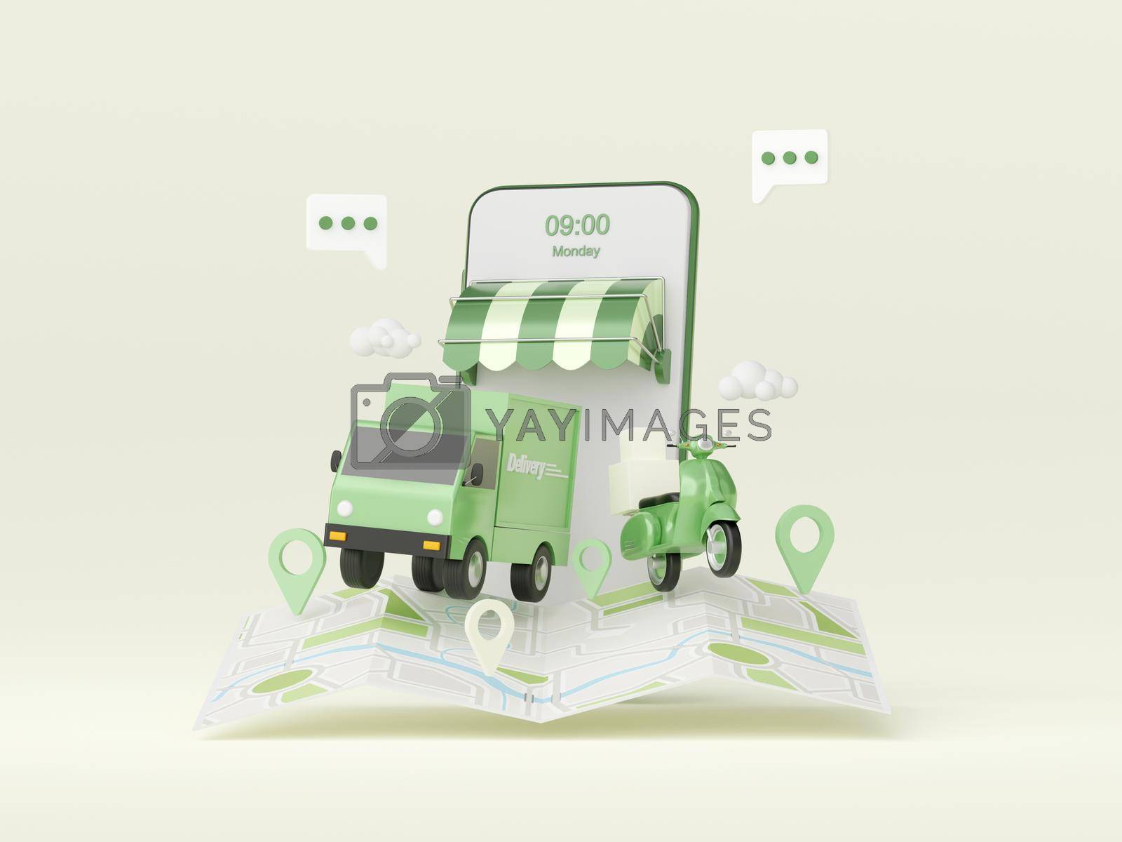 Royalty free image of Delivery service on mobile application, Transportation delivery by truck or scooter, 3d illustration by nutzchotwarut