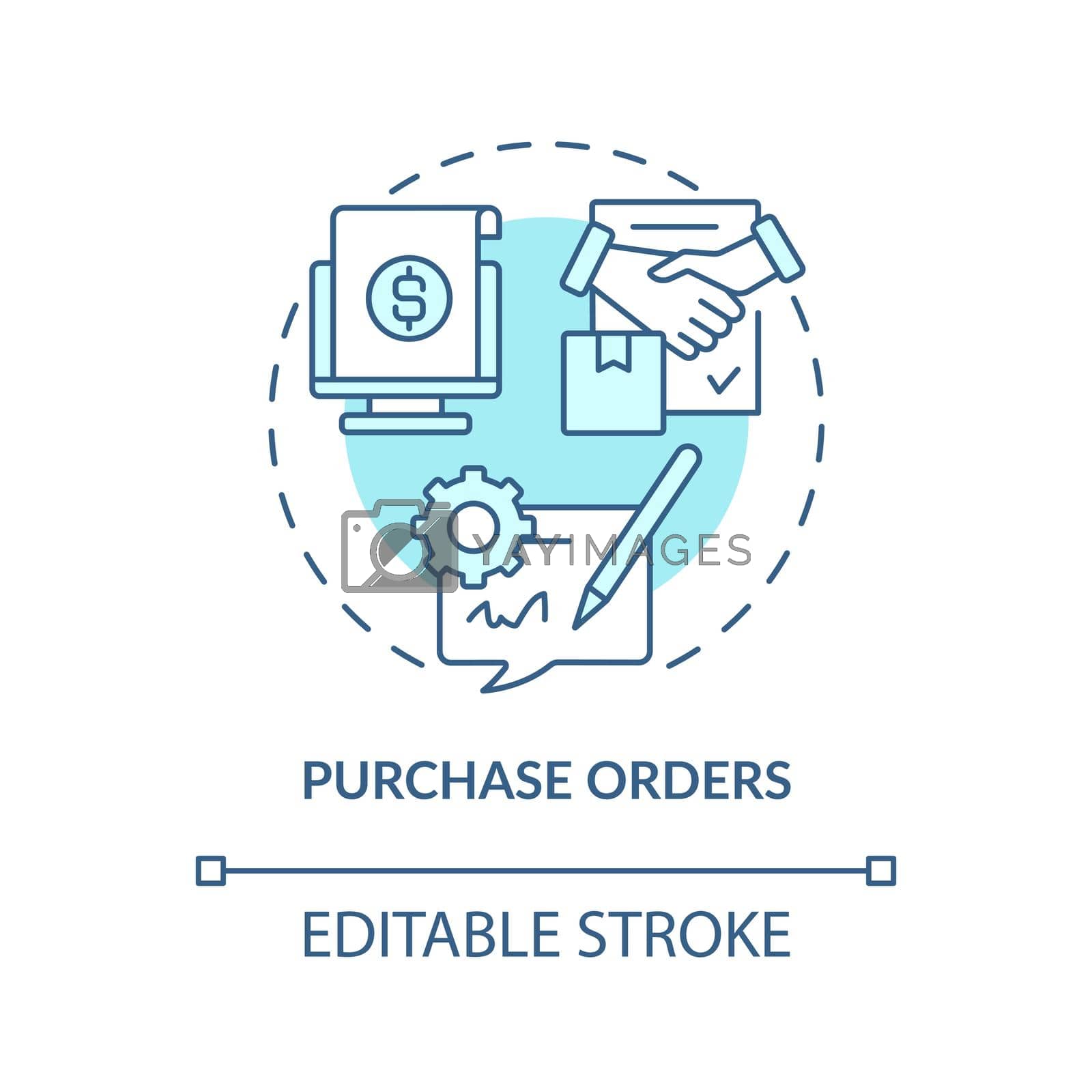 Purchase orders turquoise concept icon. Request, approval. Automation in business abstract idea thin line illustration. Isolated outline drawing. Editable stroke. Arial, Myriad Pro-Bold fonts used
