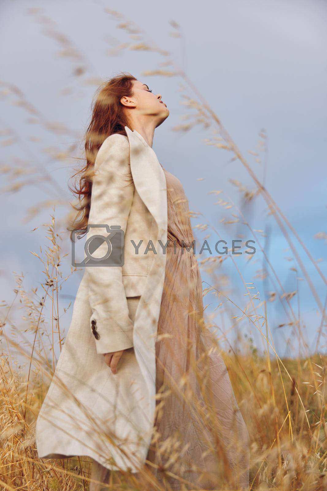 woman wheat countryside landscape freedom endless field. High quality photo