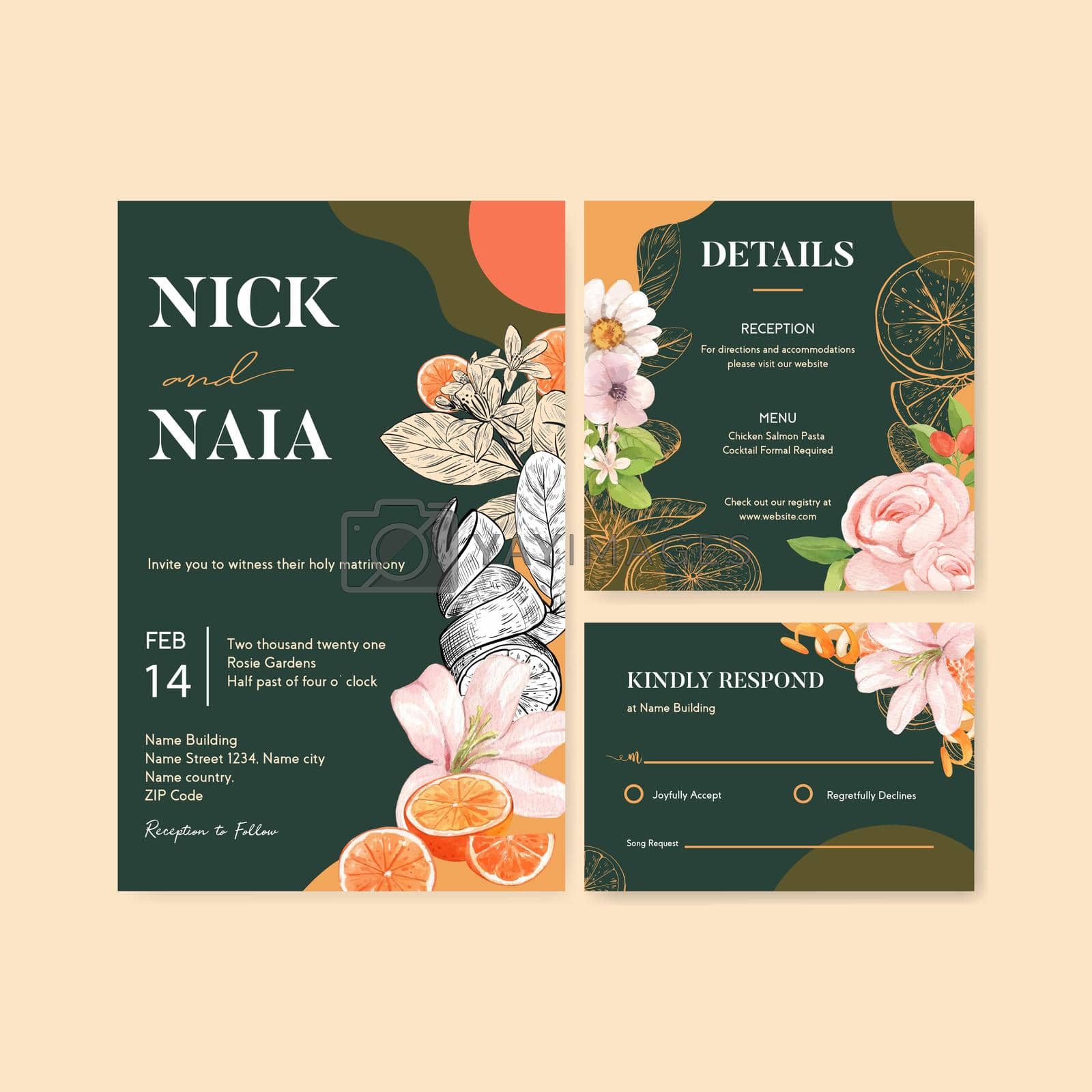 Royalty free image of Wedding card template with orange grapefruit concept,watercolor by Photographeeasia