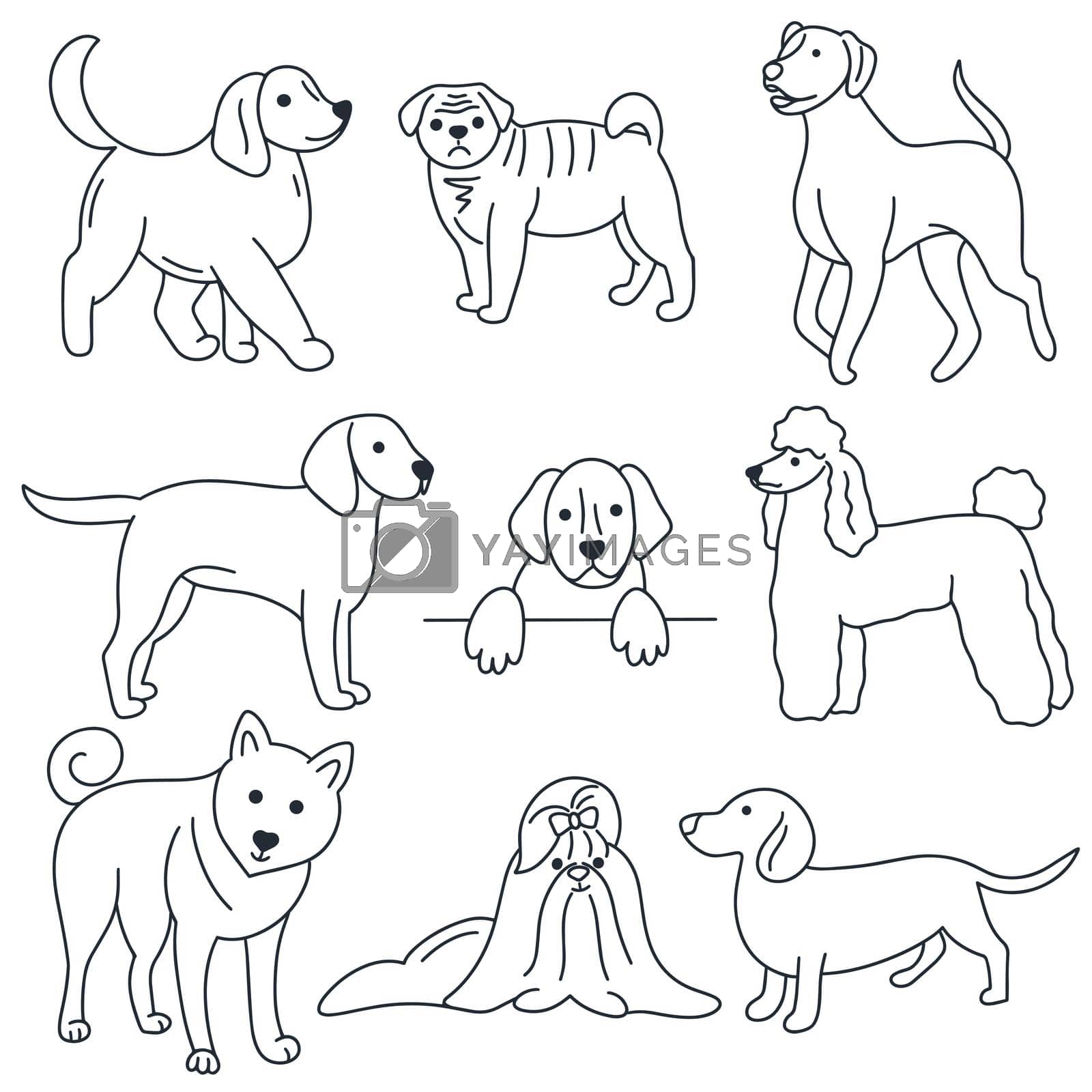 Dogs doodle set. Pets hand drawn collection. Outline drawing animals isolated vector illustration