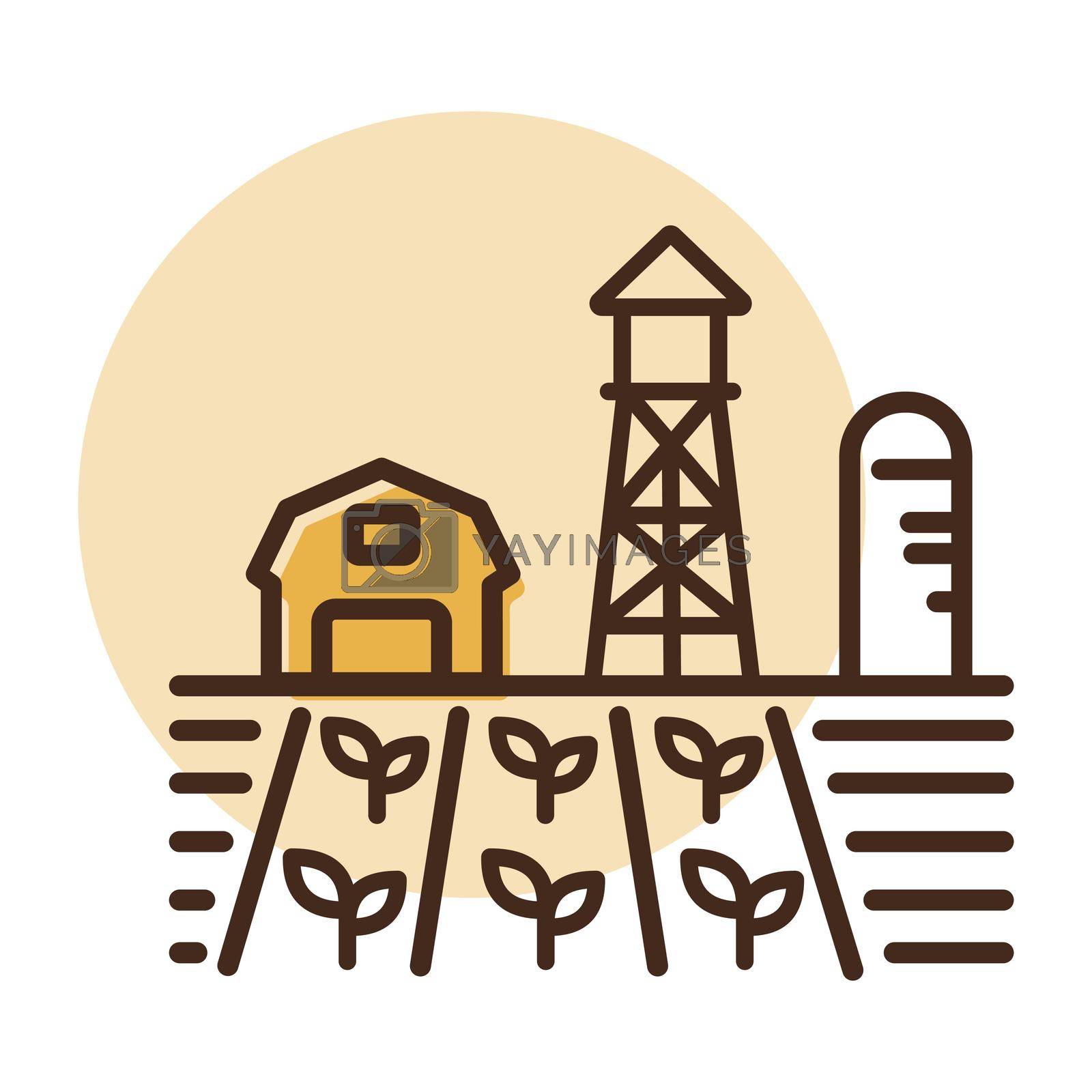 Royalty free image of Farm landscape with barn, seedling and windpump by nosik