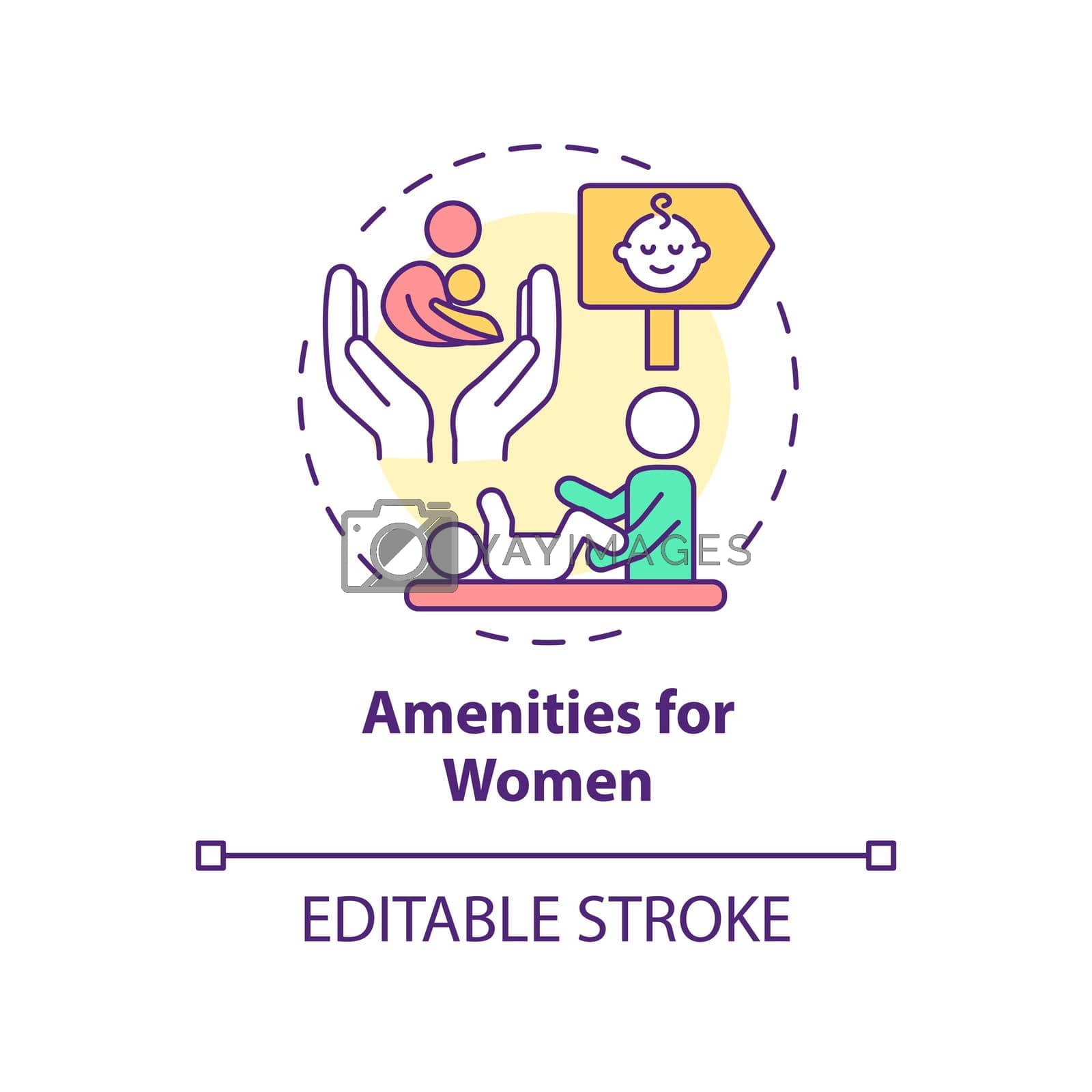 Amenities for women concept icon. Comfortable city design for mothers with babies abstract idea thin line illustration. Isolated outline drawing. Editable stroke. Arial, Myriad Pro-Bold fonts used