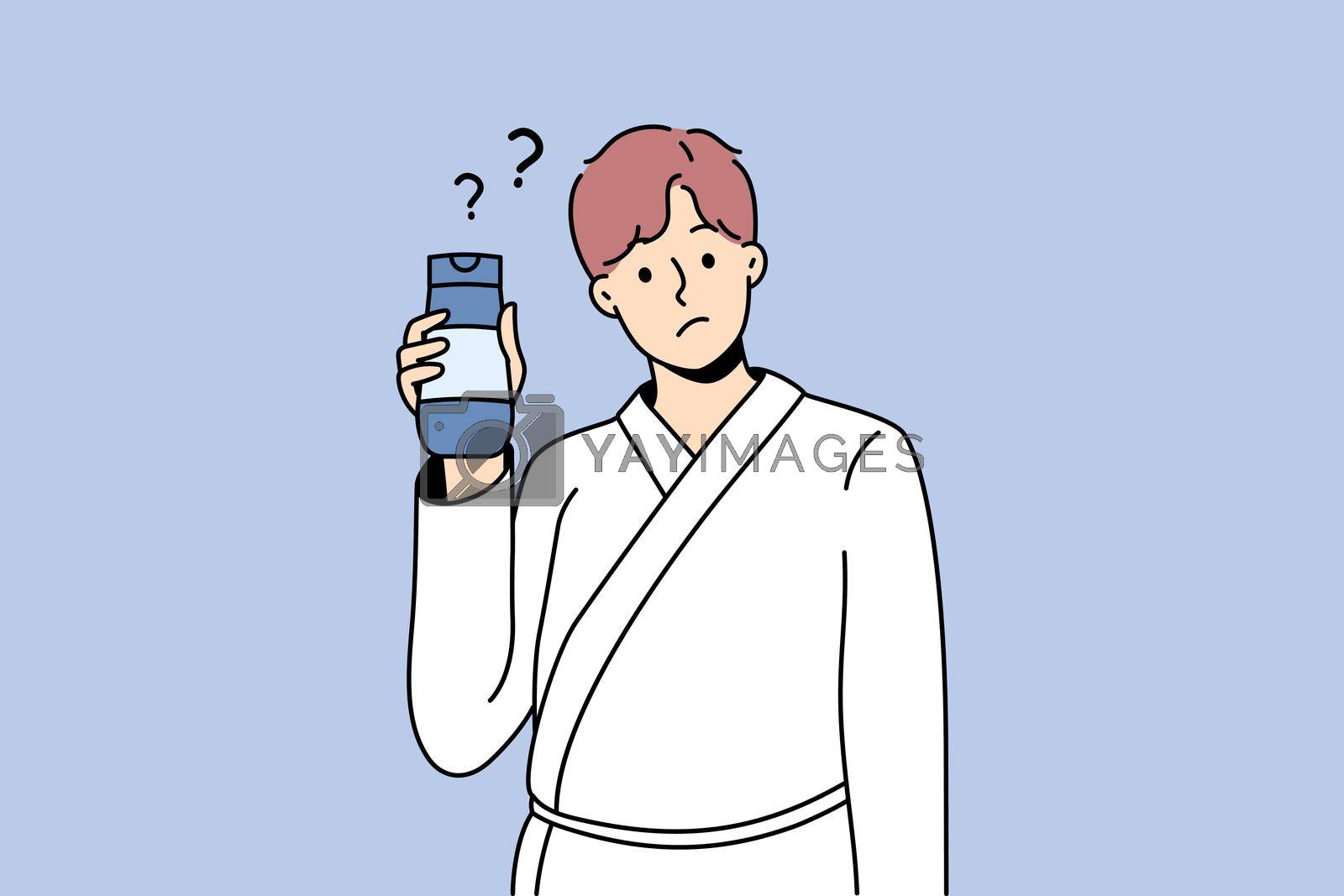 Cosmetics and treatments for men concept. Young man wearing bathtub standing cosmetic bottle in hands with question mark nearby vector illustration